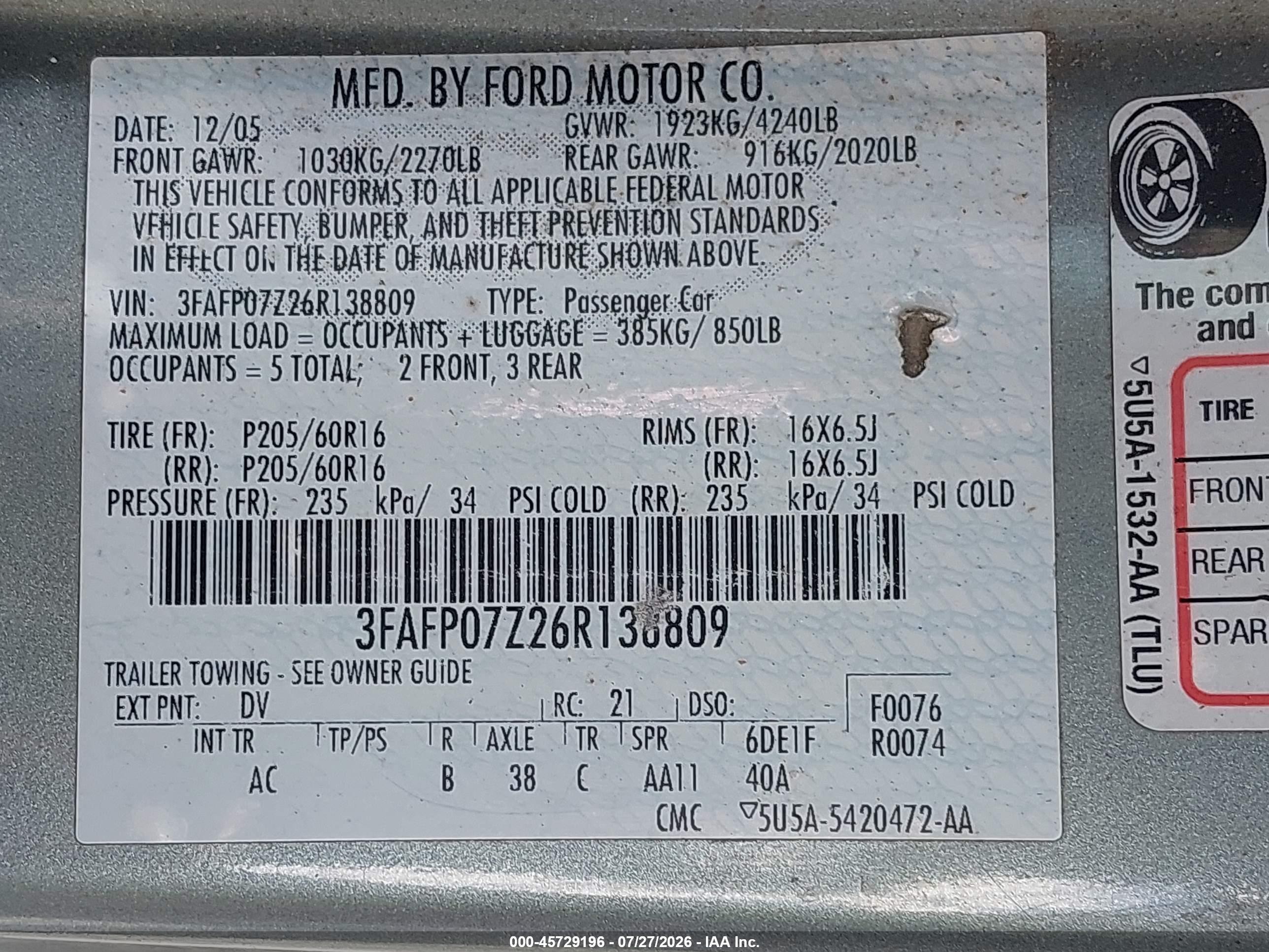 2006 Ford Fusion Se Green vin: 3FAFP07Z26R138809