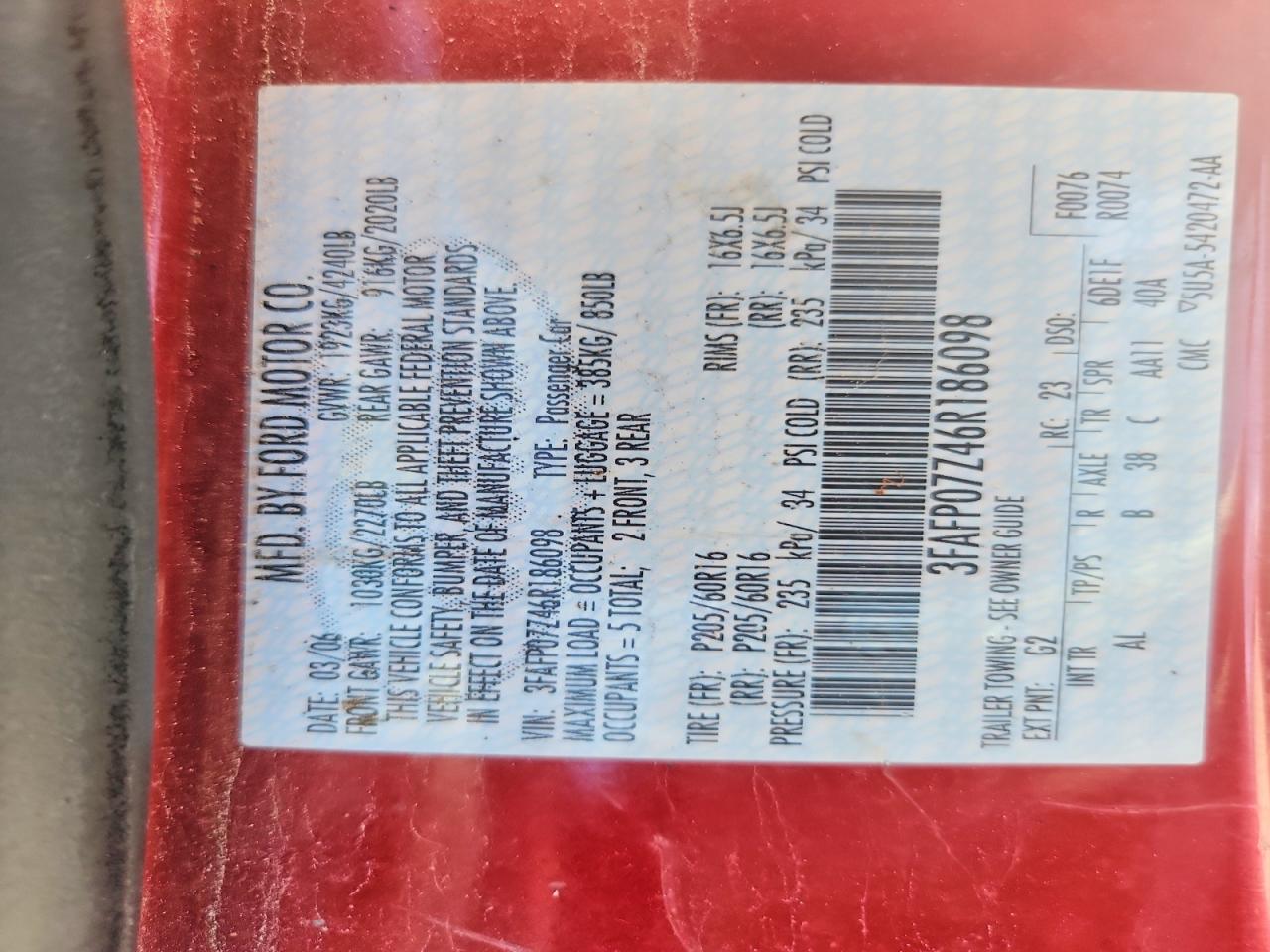 2006 Ford Fusion Se Red vin: 3FAFP07Z46R186098