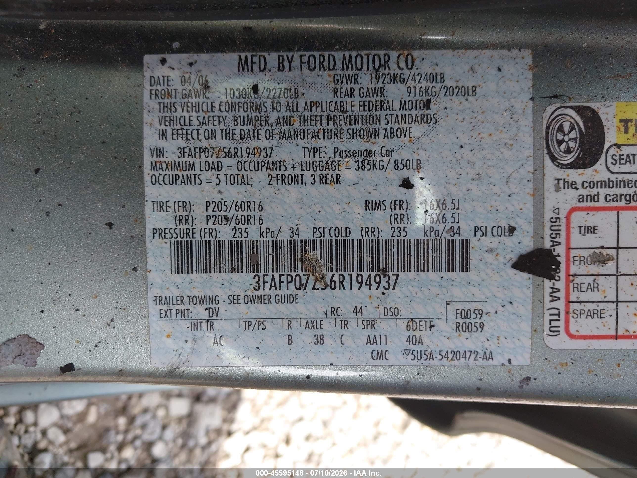 2006 Ford Fusion Se Серый vin: 3FAFP07Z56R194937