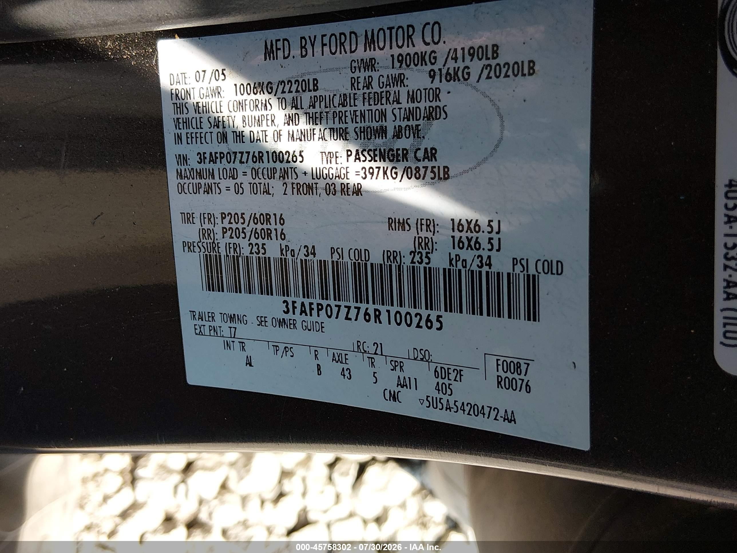 2006 Ford Fusion Se Black vin: 3FAFP07Z76R100265