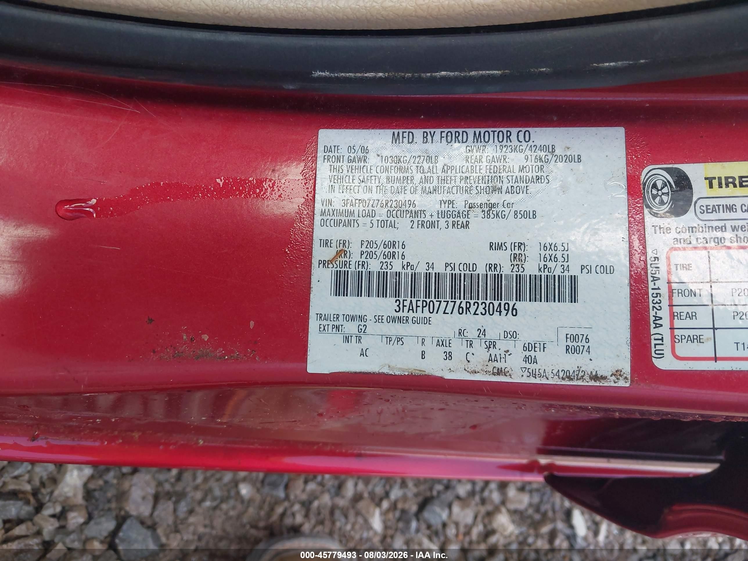 2006 Ford Fusion Se Red vin: 3FAFP07Z76R230496