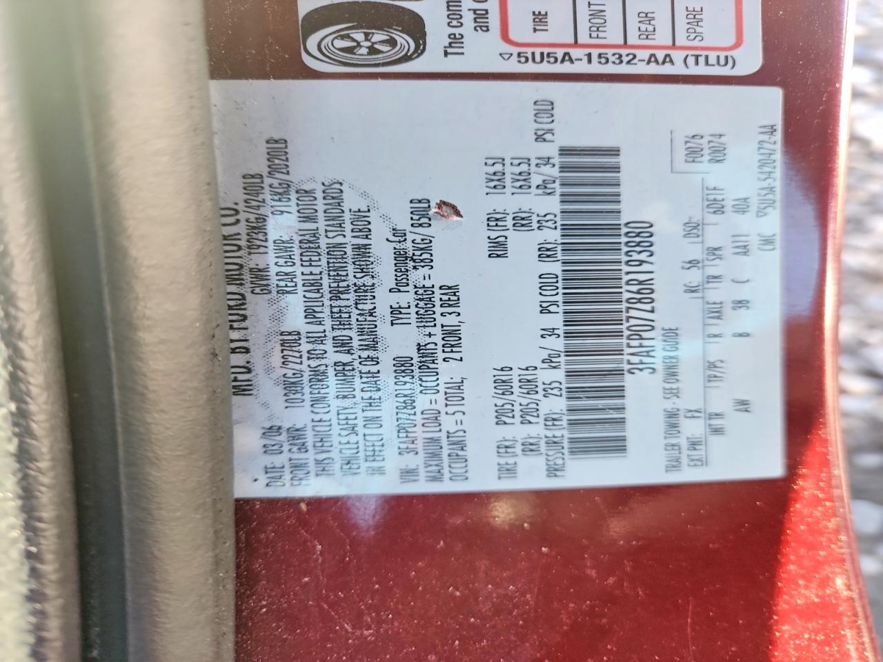 2006 Ford Fusion Se Burgundy vin: 3FAFP07Z86R193880