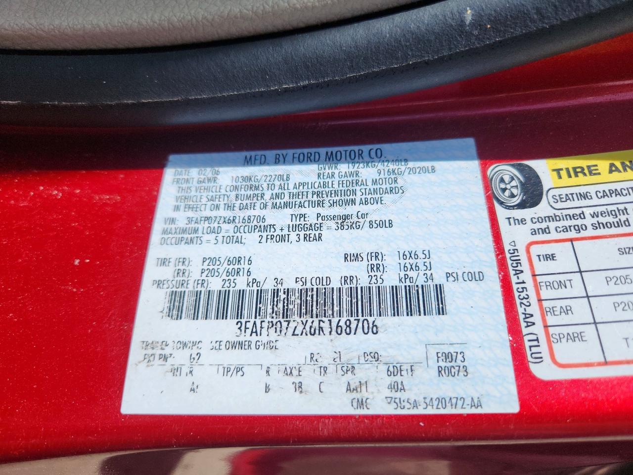 2006 Ford Fusion Se Burgundy vin: 3FAFP07ZX6R168706