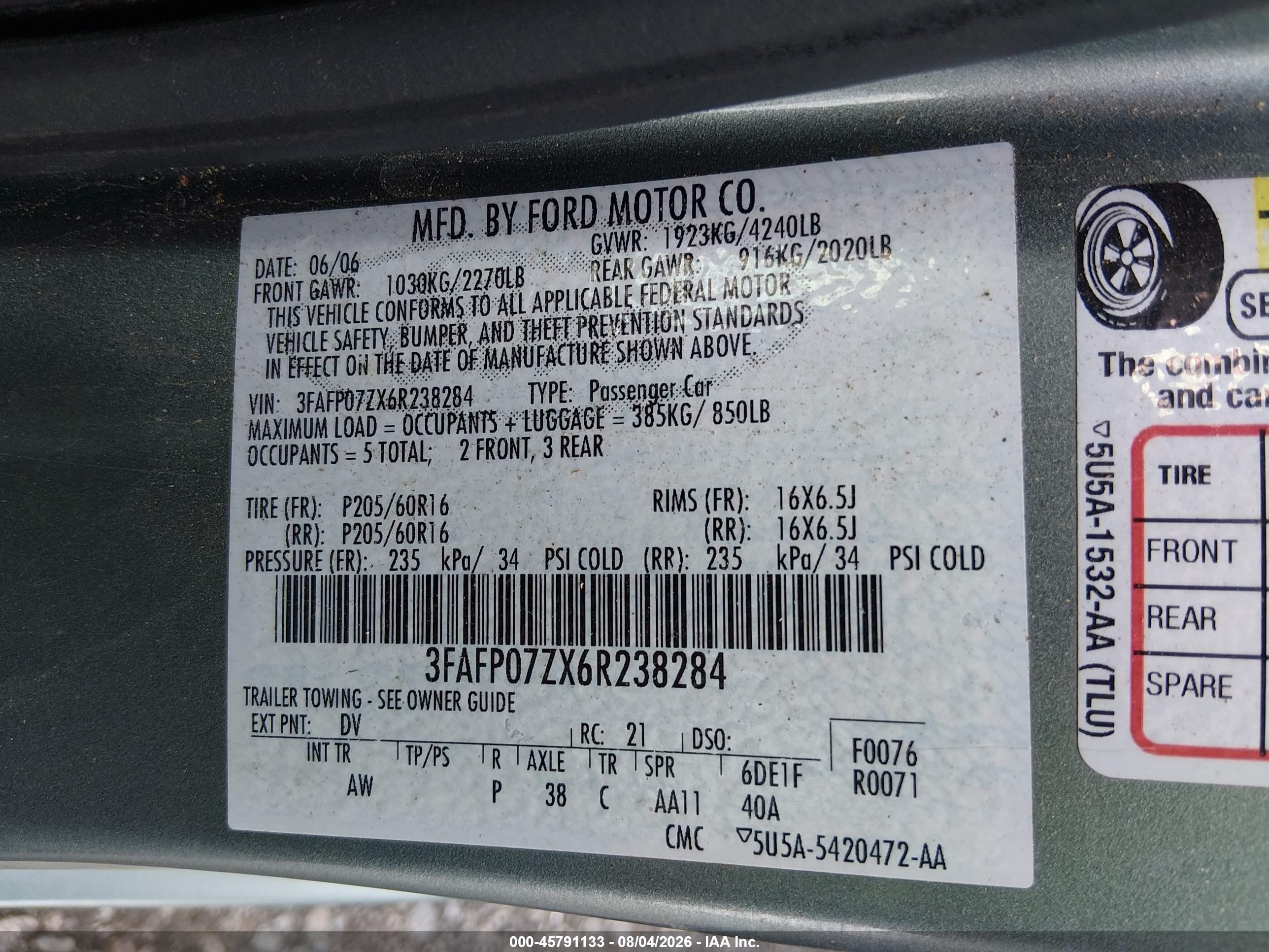 2006 Ford Fusion Se Gray vin: 3FAFP07ZX6R238284