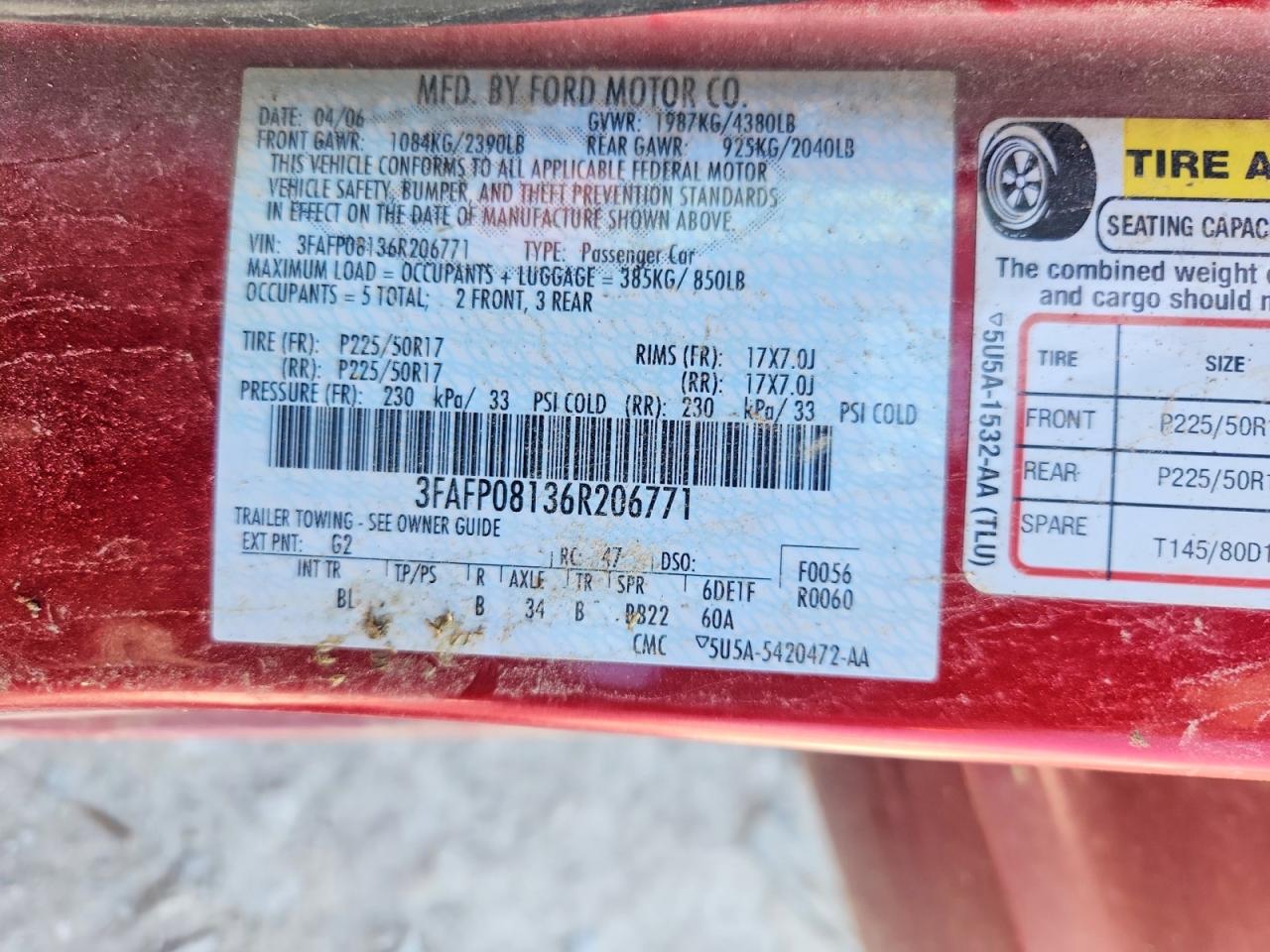 2006 Ford Fusion Sel Красный vin: 3FAFP08136R206771