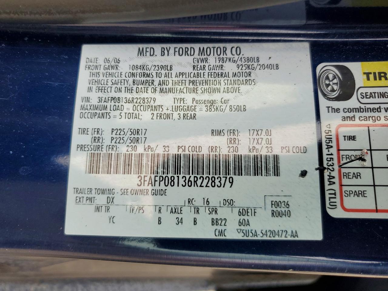 2006 Ford Fusion Sel Blue vin: 3FAFP08136R228379