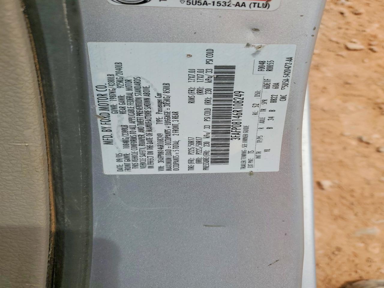 2006 Ford Fusion Sel Silver vin: 3FAFP08146R108249