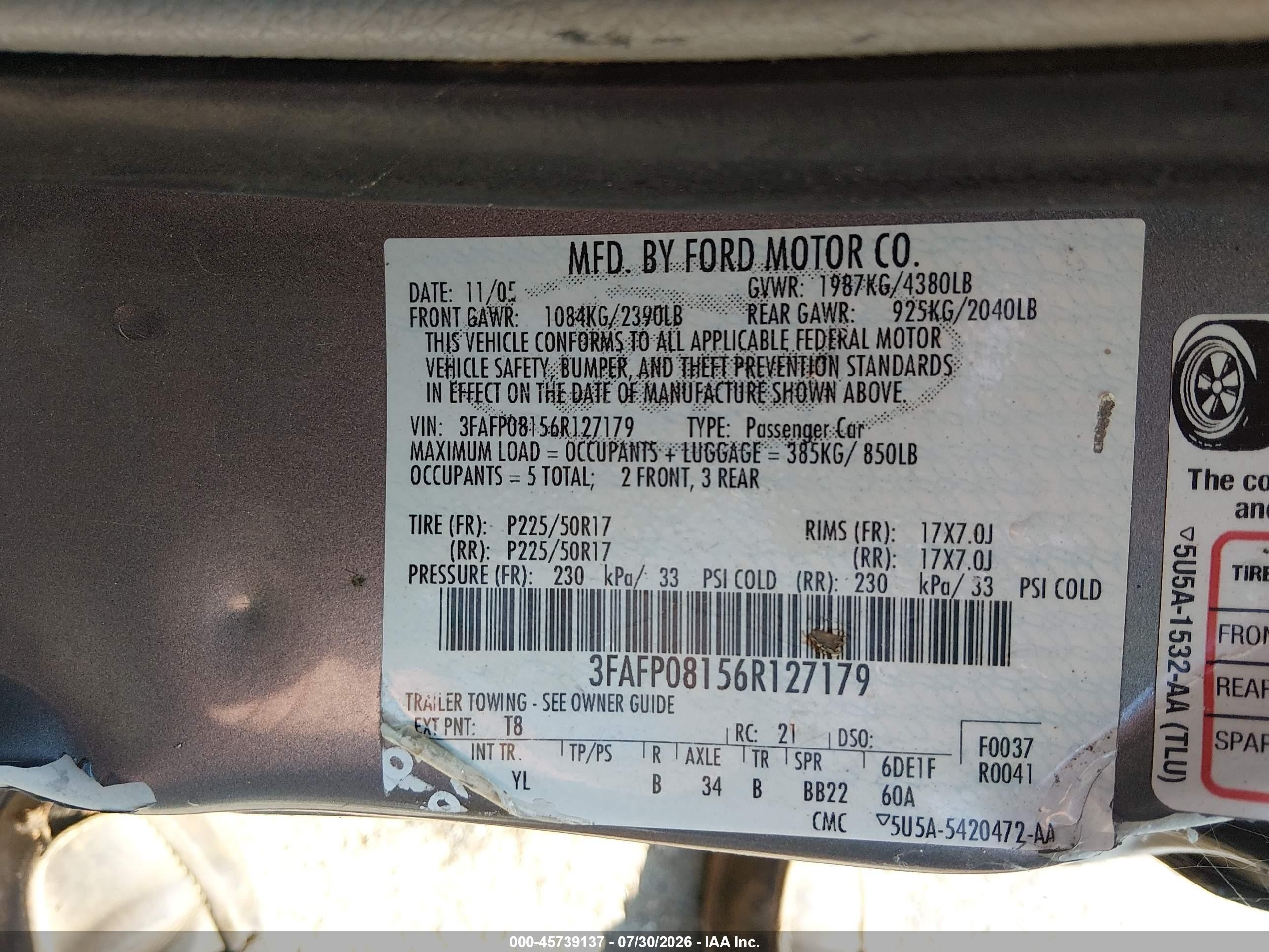 2006 Ford Fusion Sel Gray vin: 3FAFP08156R127179