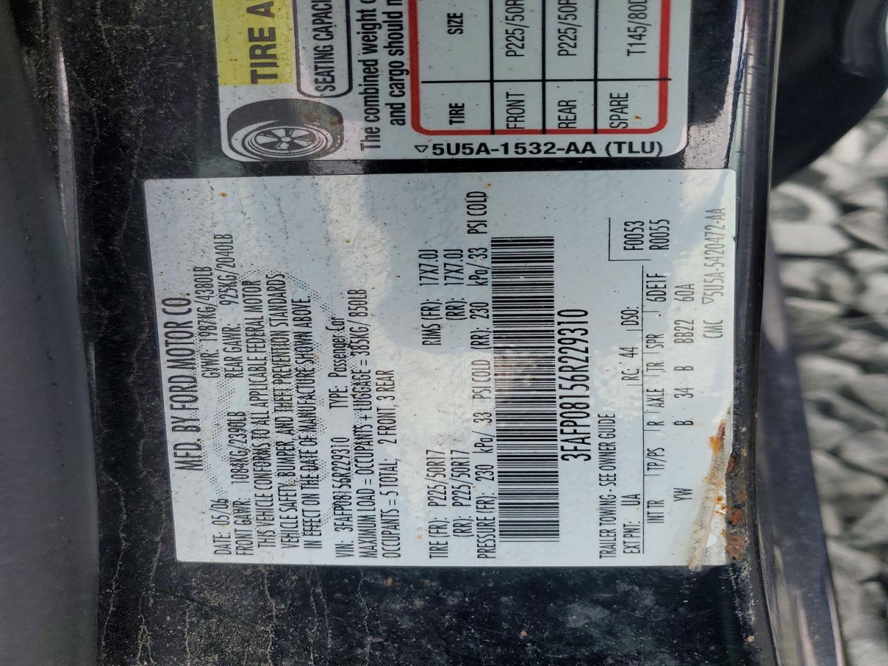 2006 Ford Fusion Sel Black vin: 3FAFP08156R229310