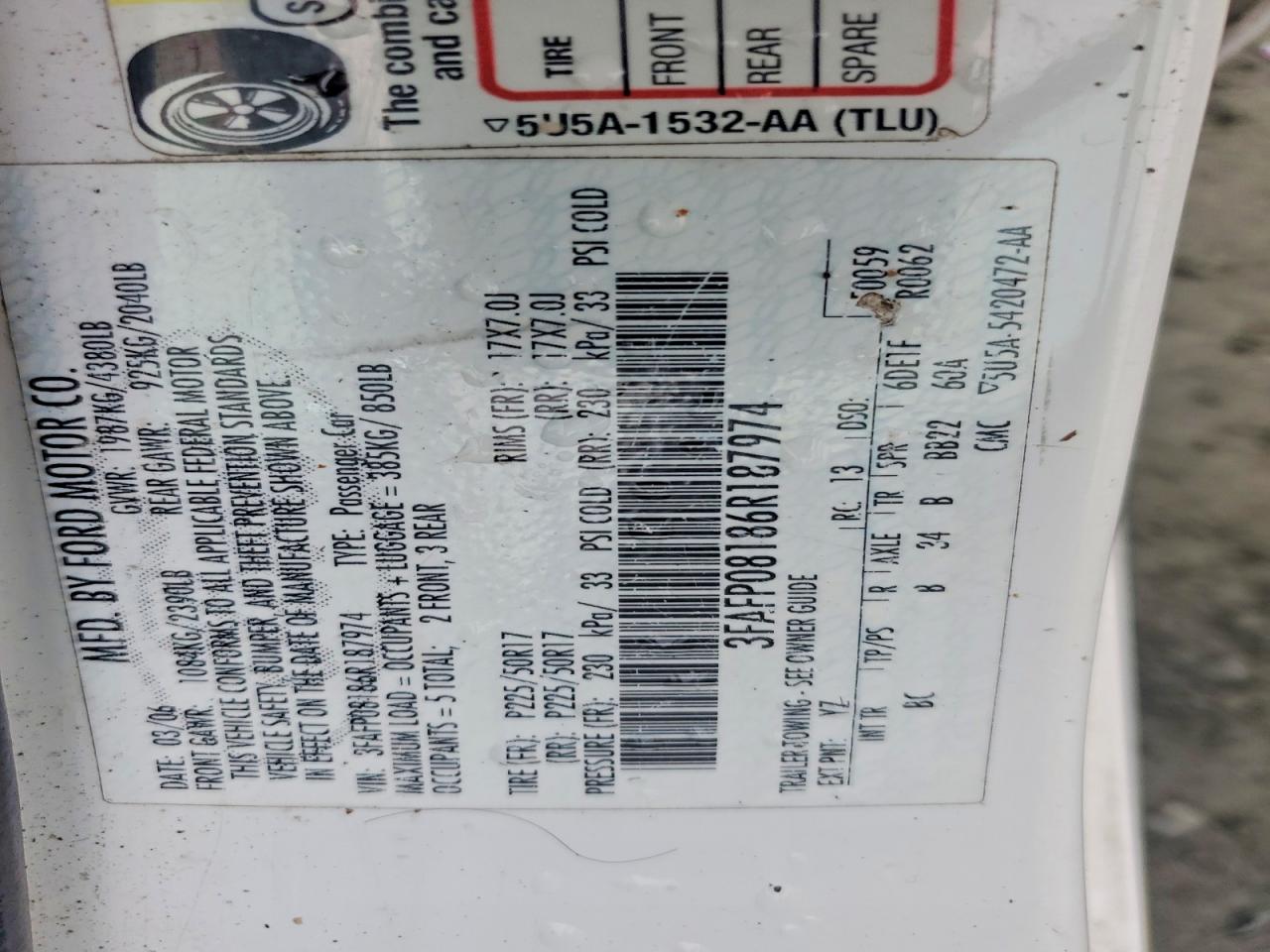 2006 Ford Fusion Sel White vin: 3FAFP08186R187974