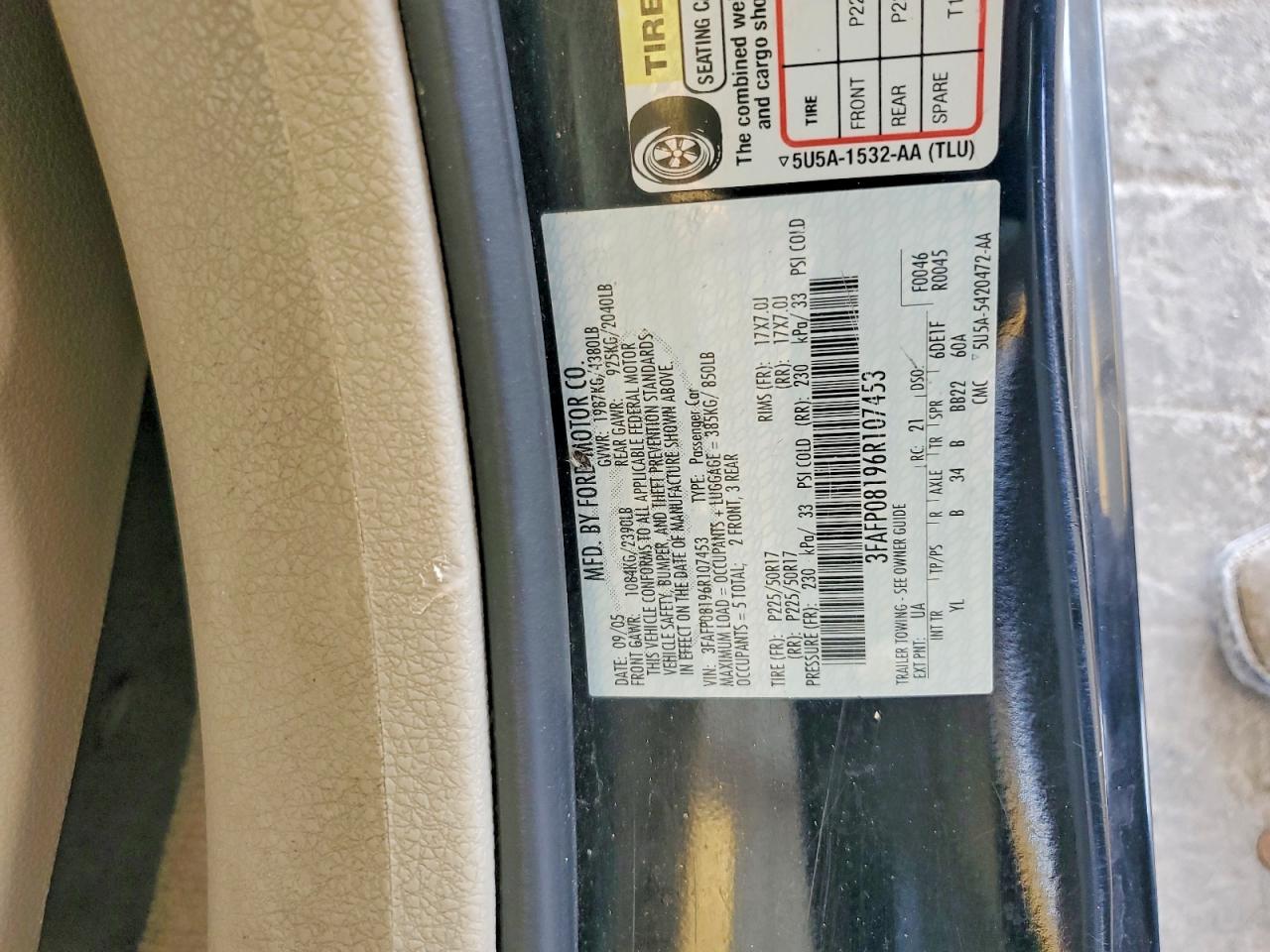 2006 Ford Fusion Sel Black vin: 3FAFP08196R107453