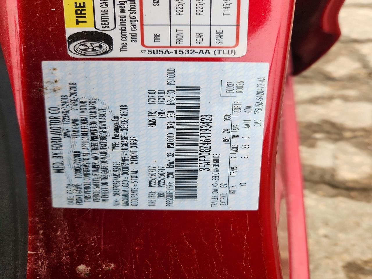 2006 Ford Fusion Sel Red vin: 3FAFP08Z46R193423
