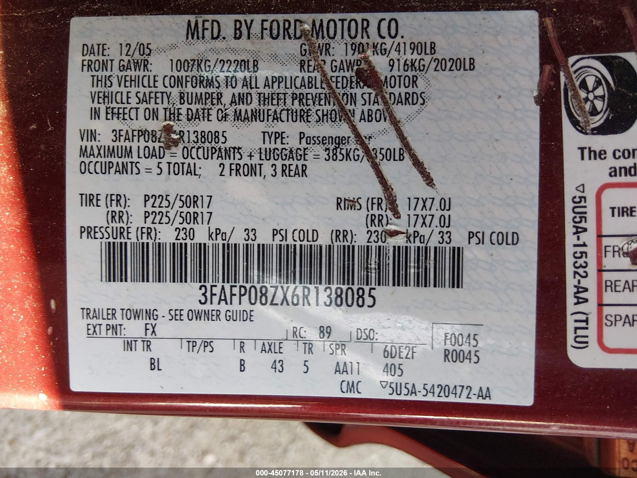 2006 Ford Fusion Sel Red vin: 3FAFP08ZX6R138085