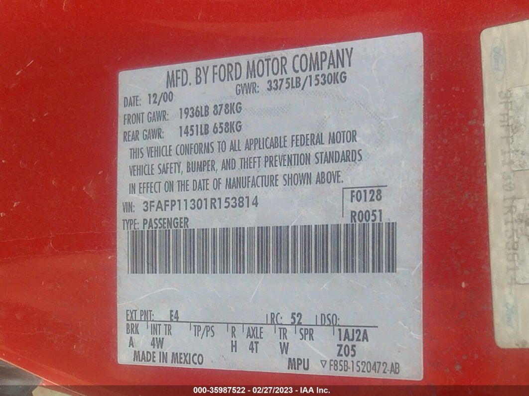 2001 Ford Escort Zx2 Red vin: 3FAFP11301R153814