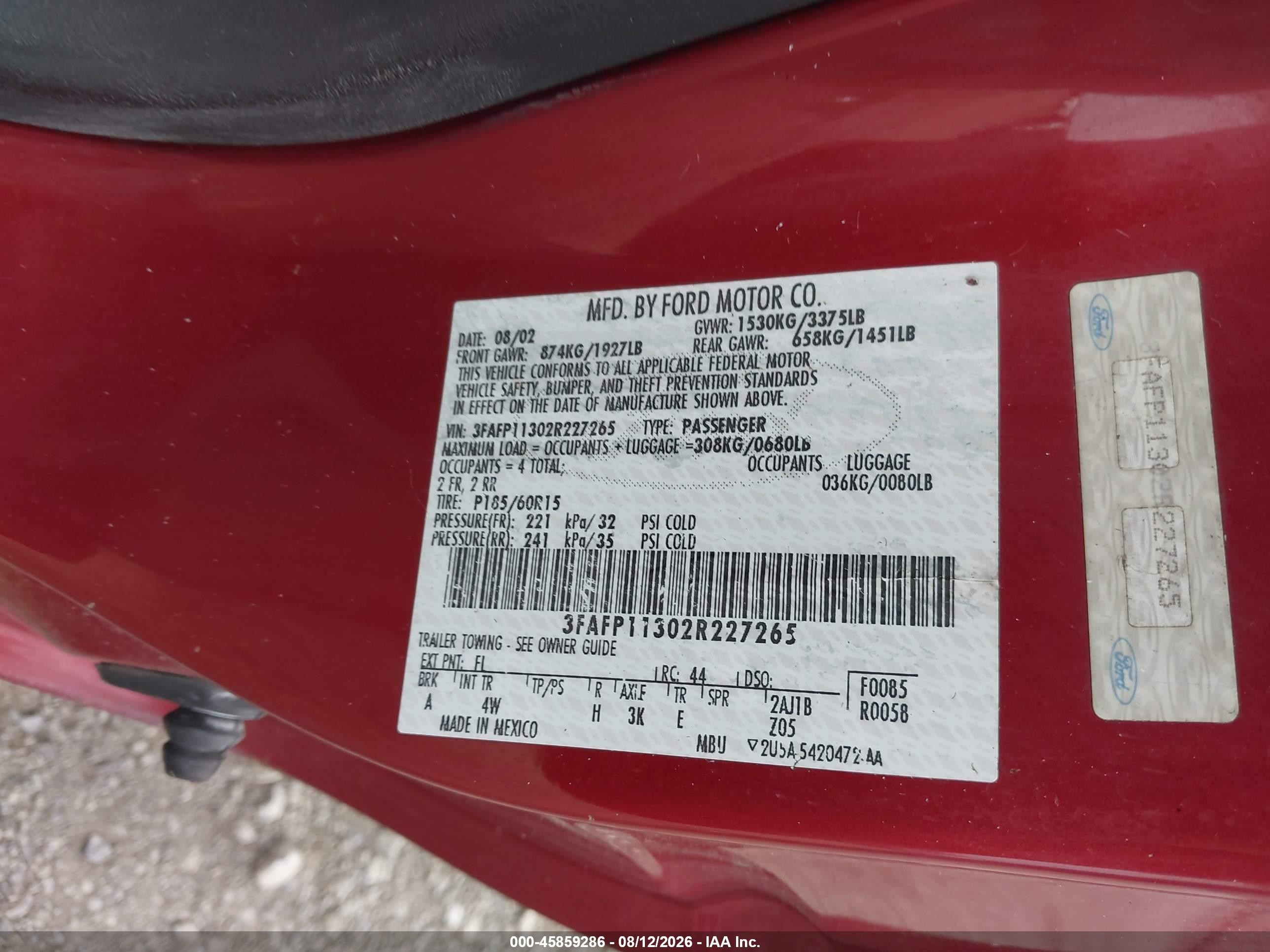 2002 Ford Escort Zx2 Deluxe/zx2 Premium/zx2 Standard Red vin: 3FAFP11302R227265