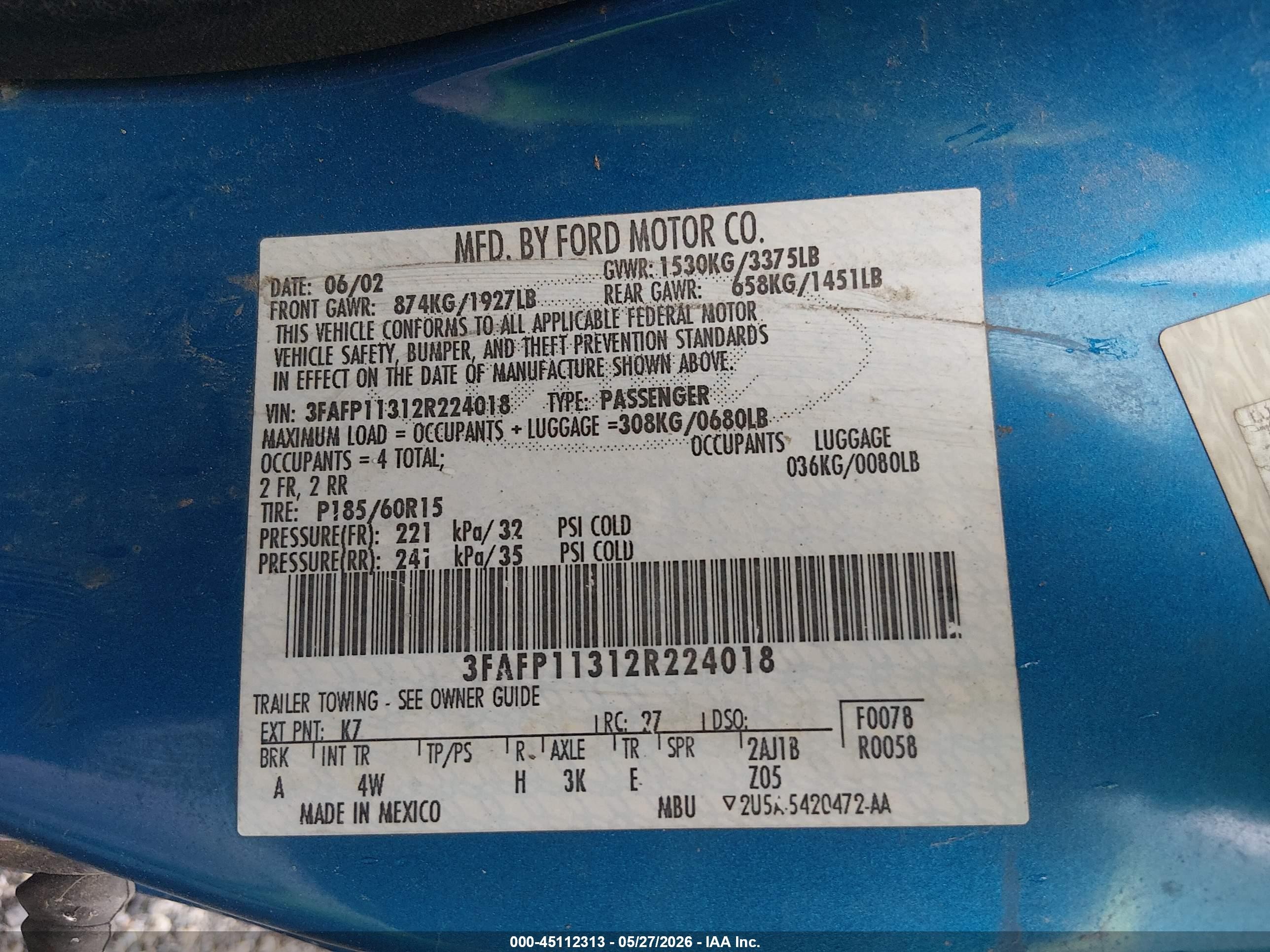 2002 Ford Escort Zx2 Синий vin: 3FAFP11312R224018