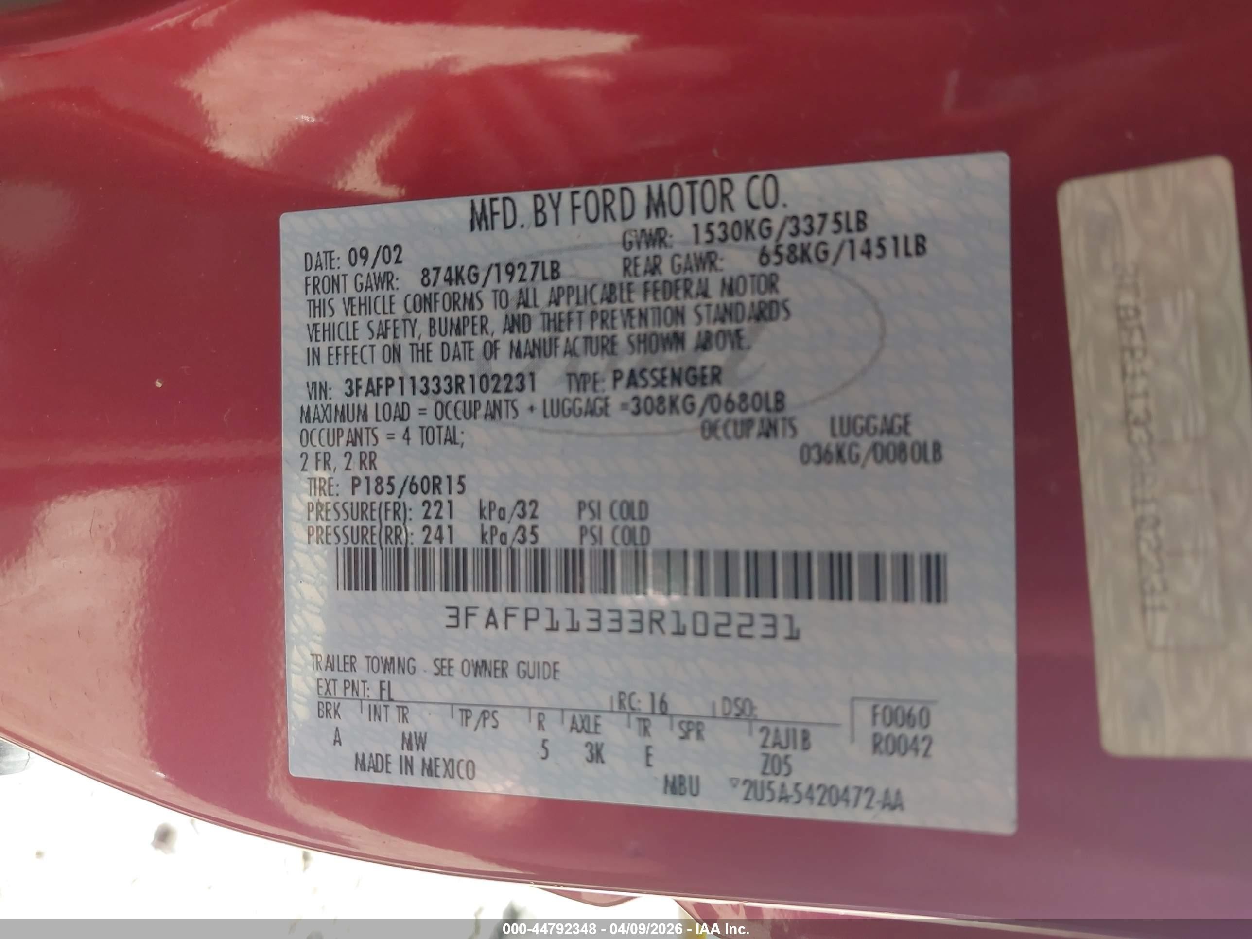 2003 Ford Zx2   Red vin: 3FAFP11333R102231