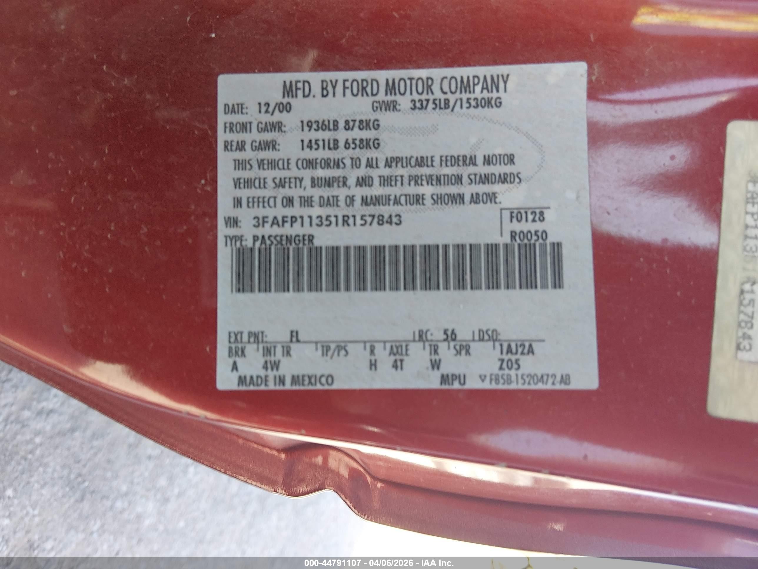 2001 Ford Escort Zx2 Red vin: 3FAFP11351R157843
