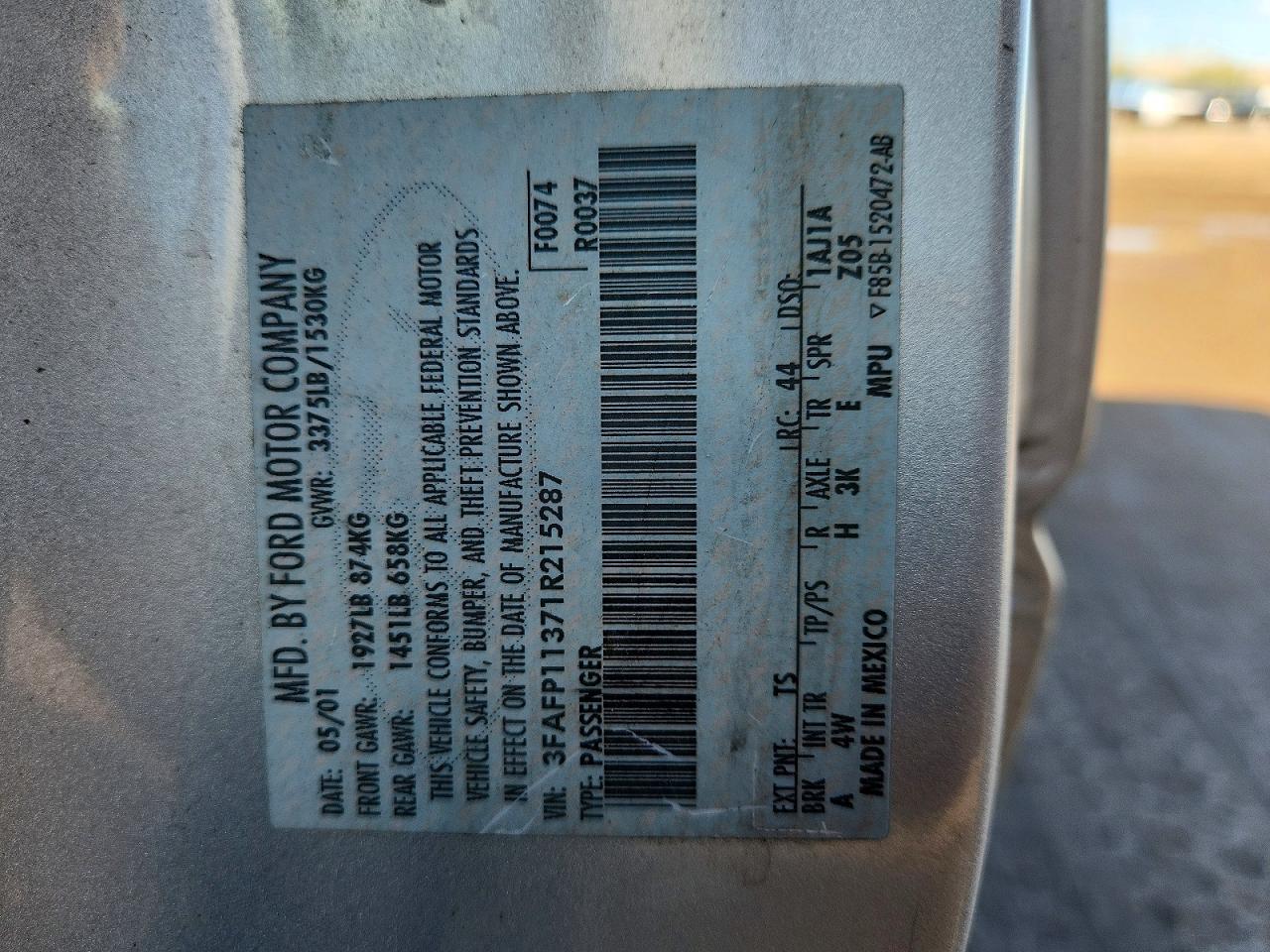 2001 Ford Escort Zx2 Silver vin: 3FAFP11371R215287