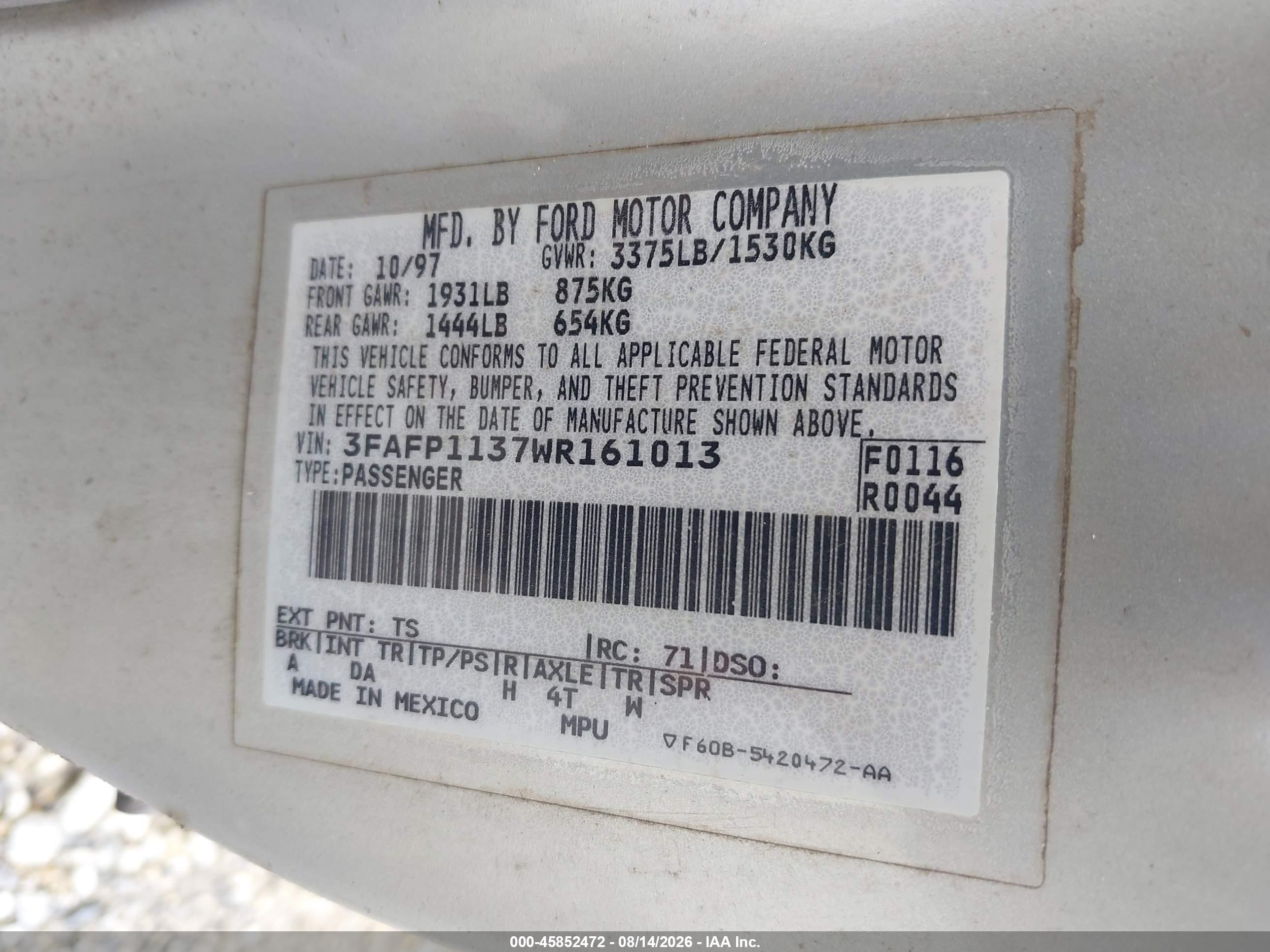 1998 Ford Escort Zx2 Cool/zx2 Hot Silver vin: 3FAFP1137WR161013