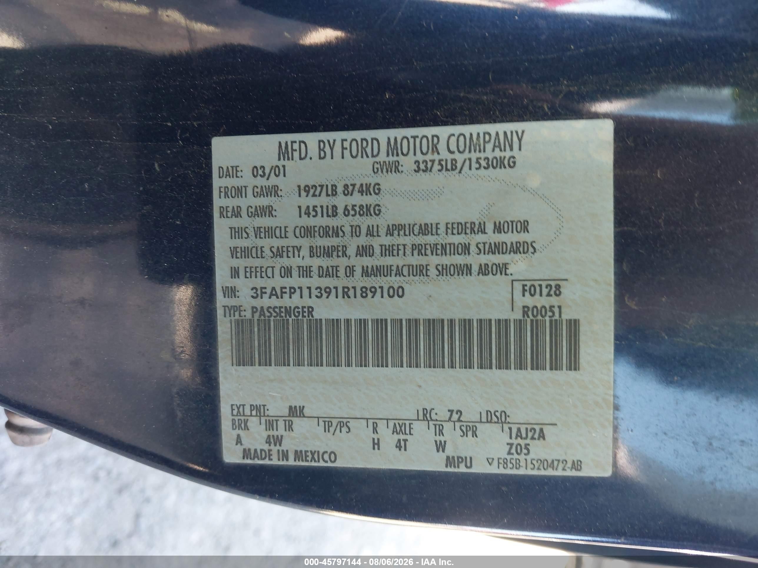 2001 Ford Escort Zx2 Blue vin: 3FAFP11391R189100