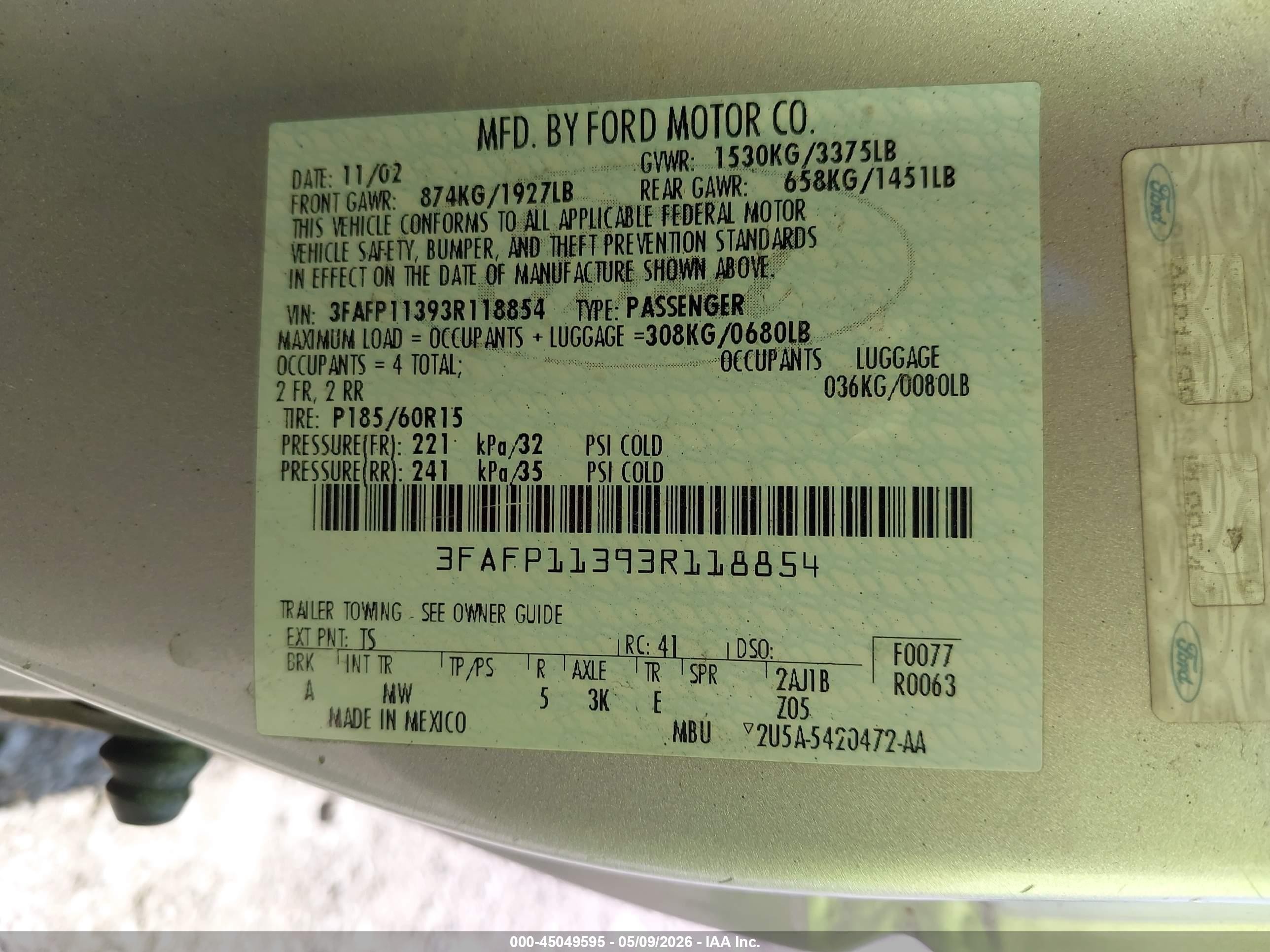 2003 Ford Zx2   Silver vin: 3FAFP11393R118854