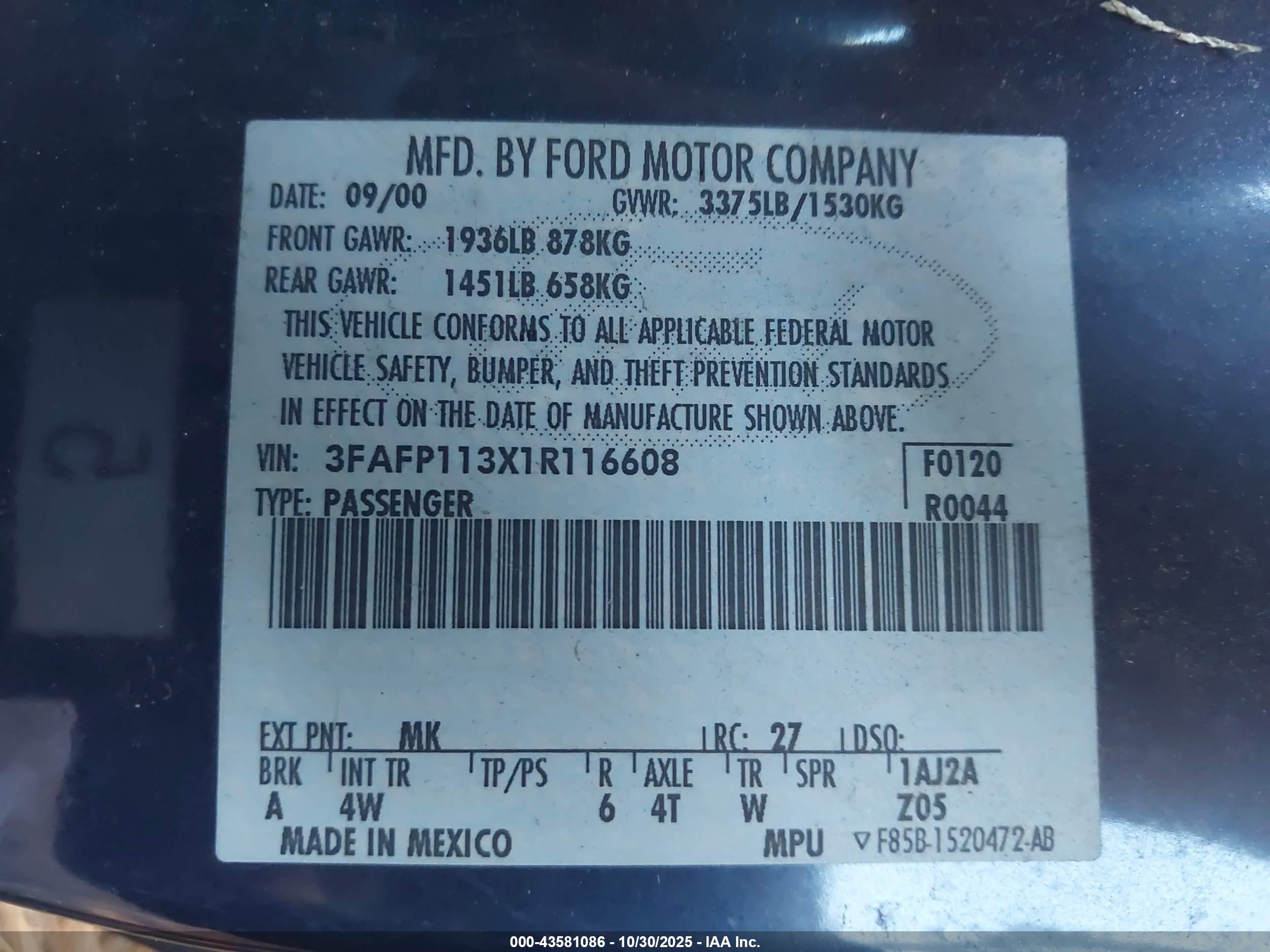 2001 Ford Escort Zx2 Blue vin: 3FAFP113X1R116608