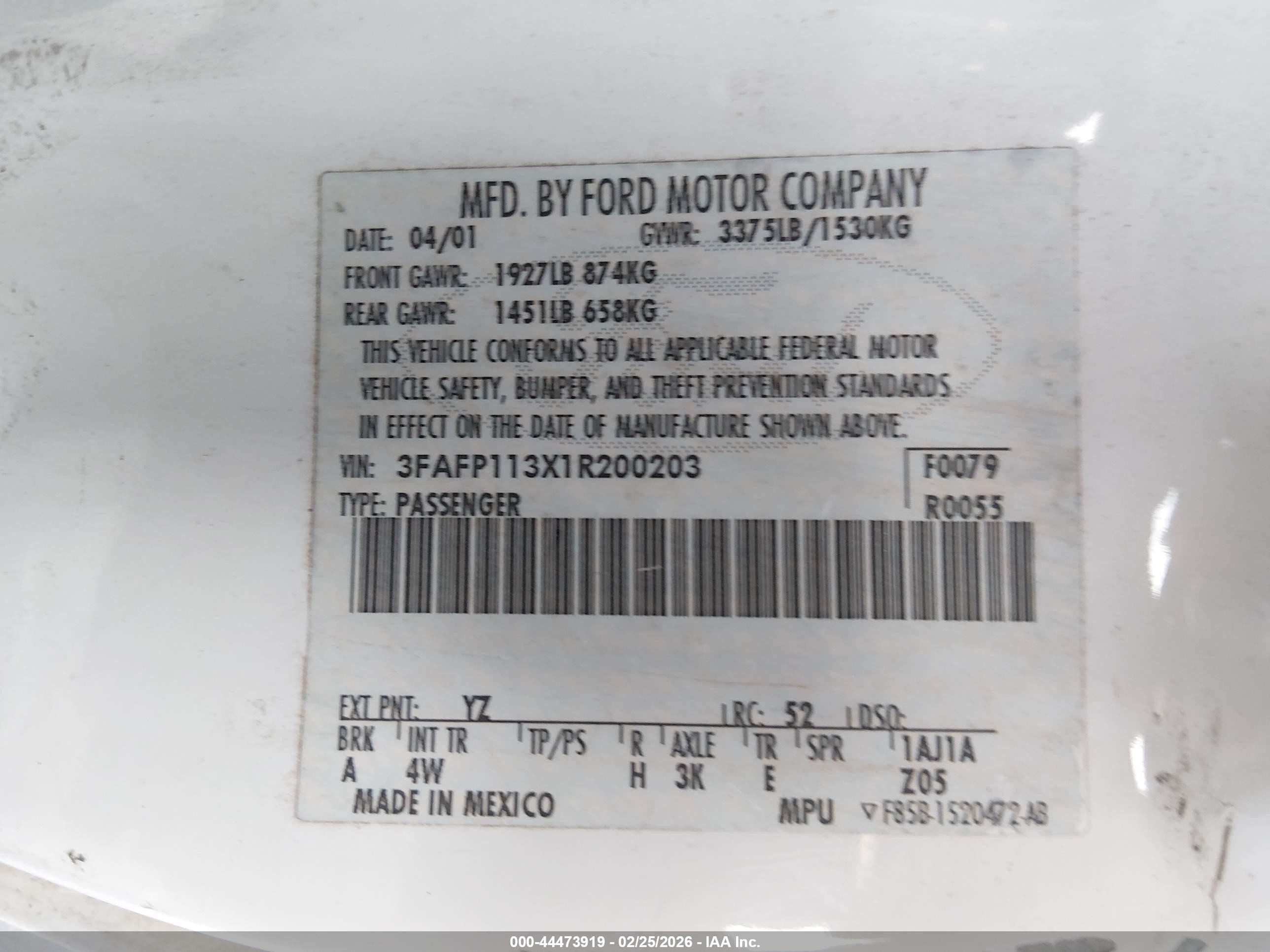 2001 Ford Escort Zx2 Белый vin: 3FAFP113X1R200203