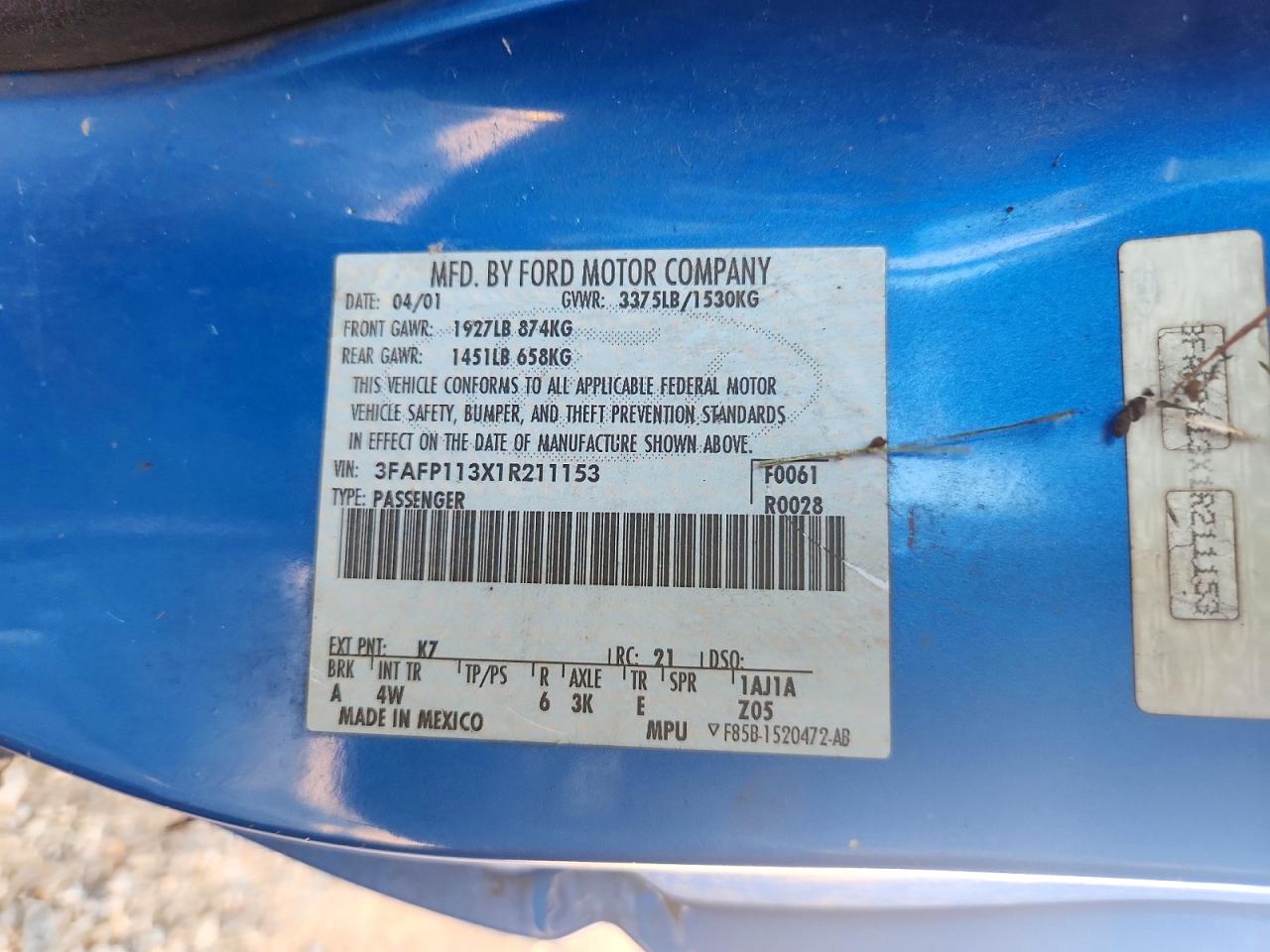 2001 Ford Escort Zx2 Blue vin: 3FAFP113X1R211153