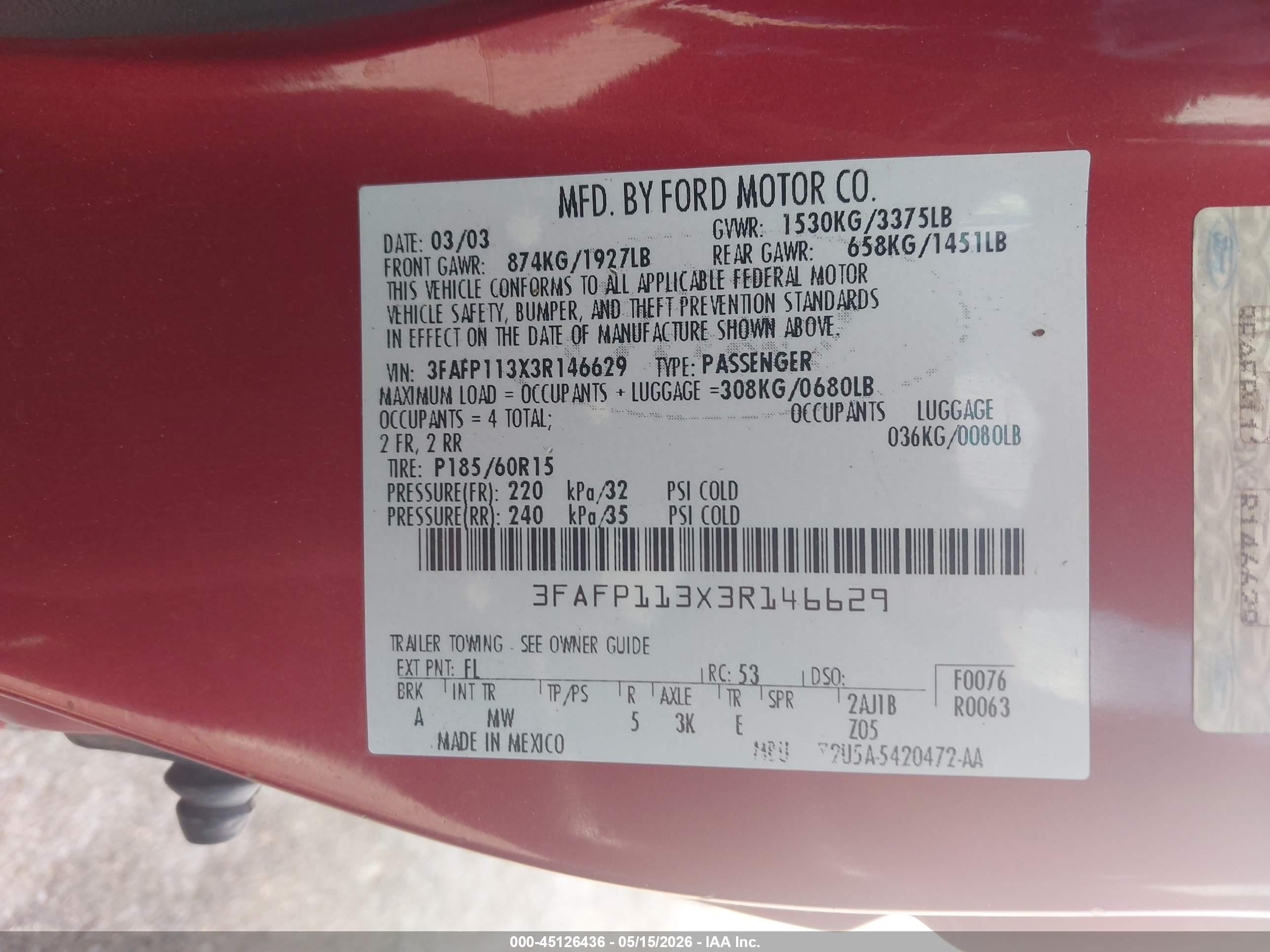 2003 Ford Zx2   Red vin: 3FAFP113X3R146629