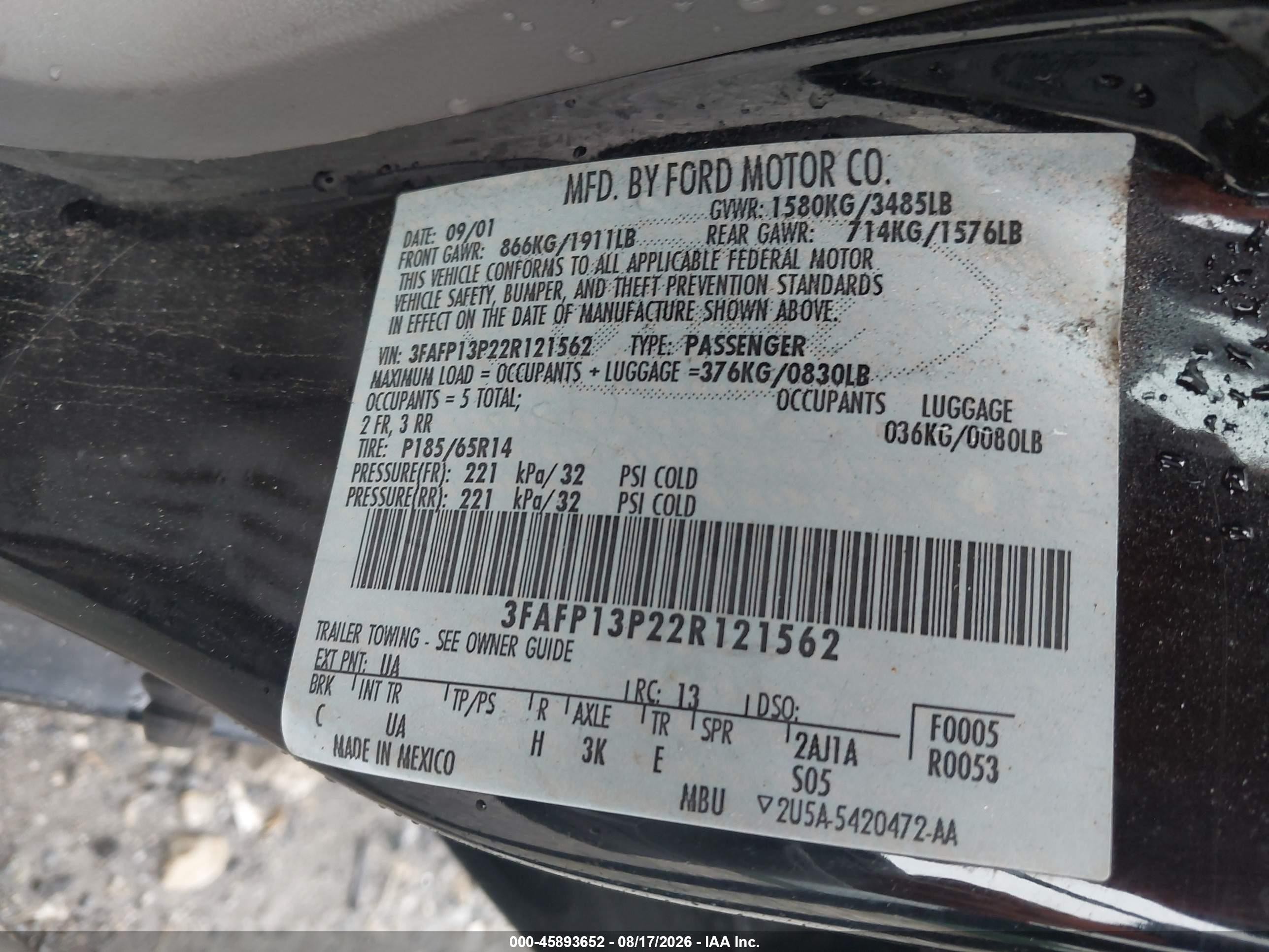 2002 Ford Escort Fleet Premium/fleet Standard Black vin: 3FAFP13P22R121562