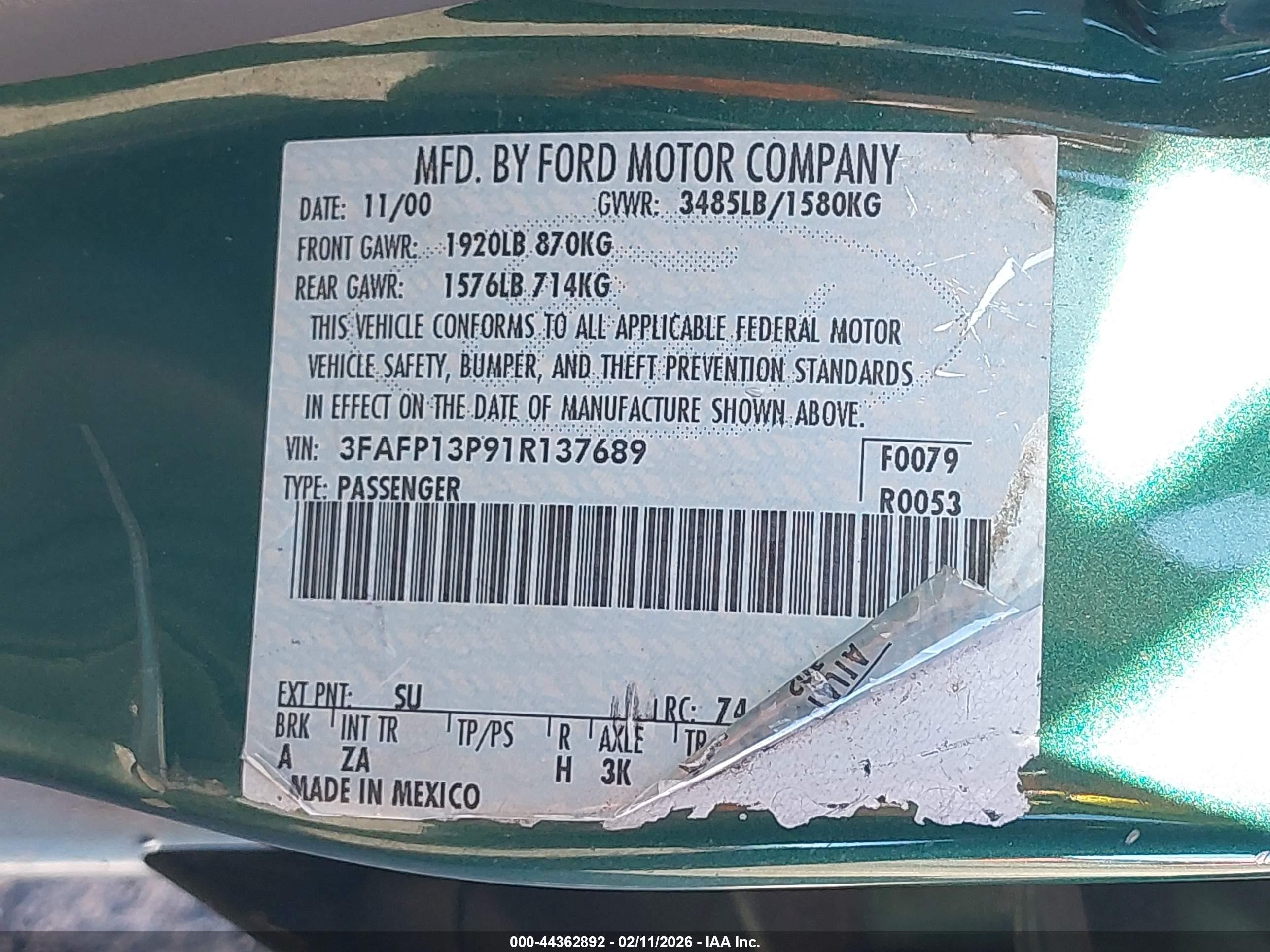 2001 Ford Escort   Green vin: 3FAFP13P91R137689