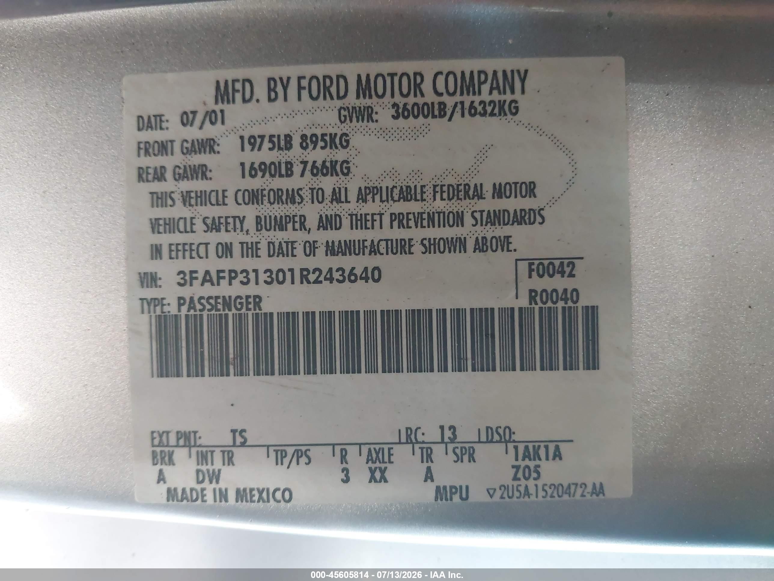 2001 Ford Focus Zx3 Silver vin: 3FAFP31301R243640