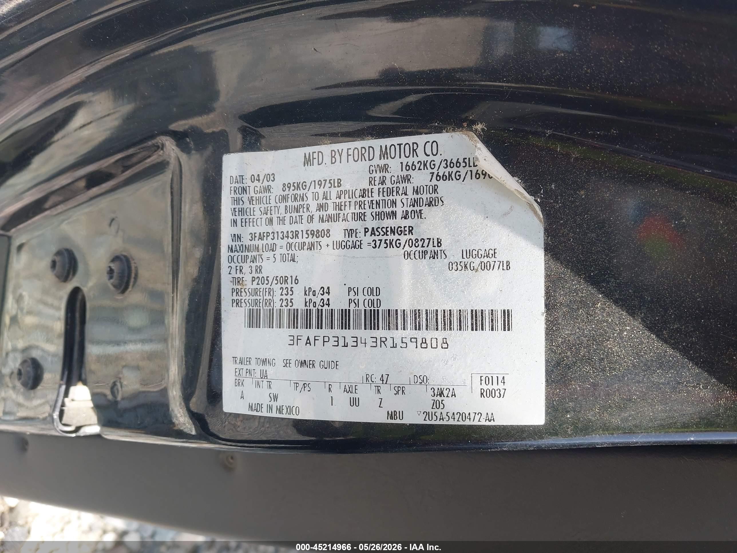 2003 Ford Focus Zx3 Черный vin: 3FAFP31343R159808