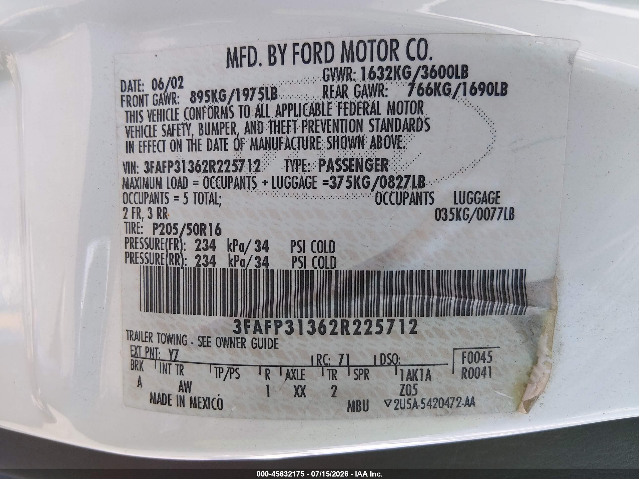 2002 Ford Focus Zx3 Base/zx3 Premium/zx3 Pwr Premium White vin: 3FAFP31362R225712