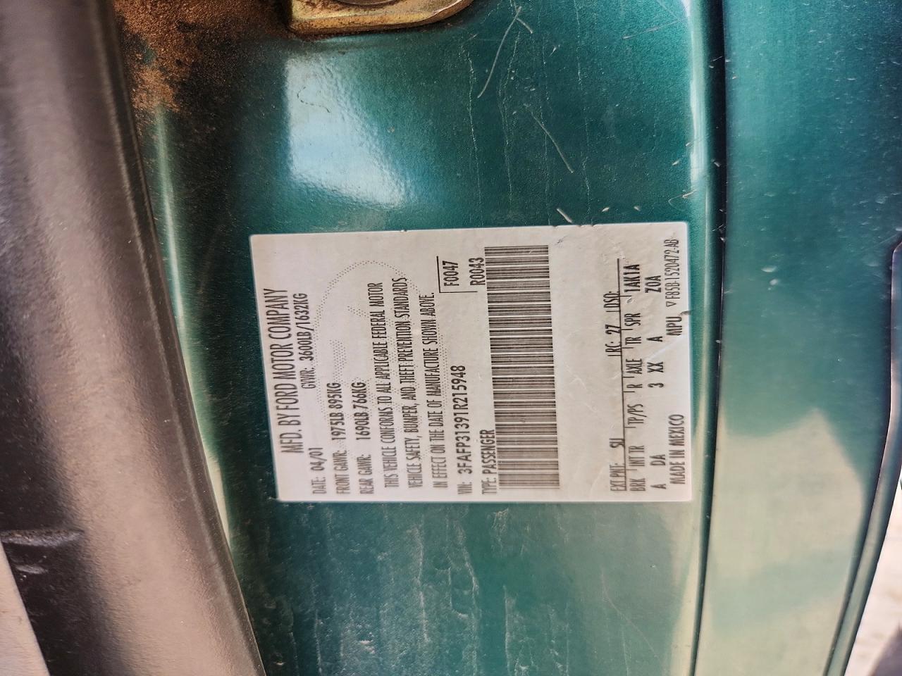 2001 Ford Focus Zx3 Green vin: 3FAFP31391R215948
