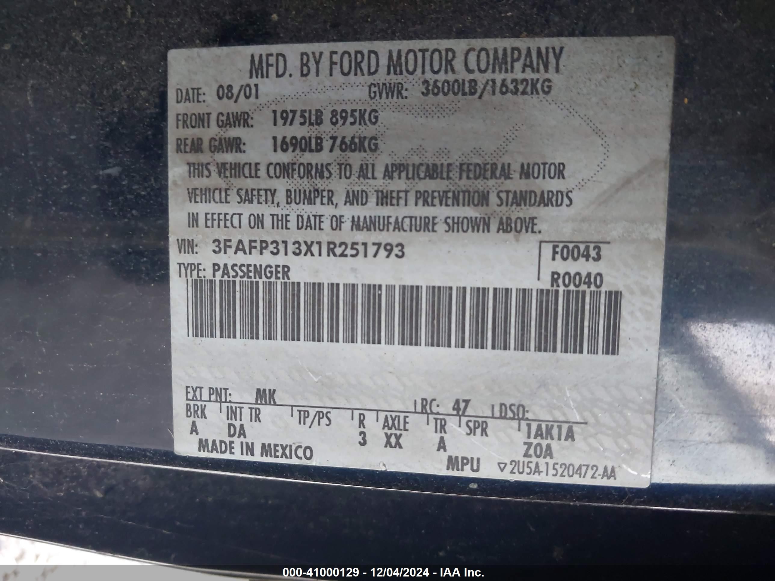 Price & History 2001 Ford Focus Zx3 2.0l I-4 Dohc, 130hp vin