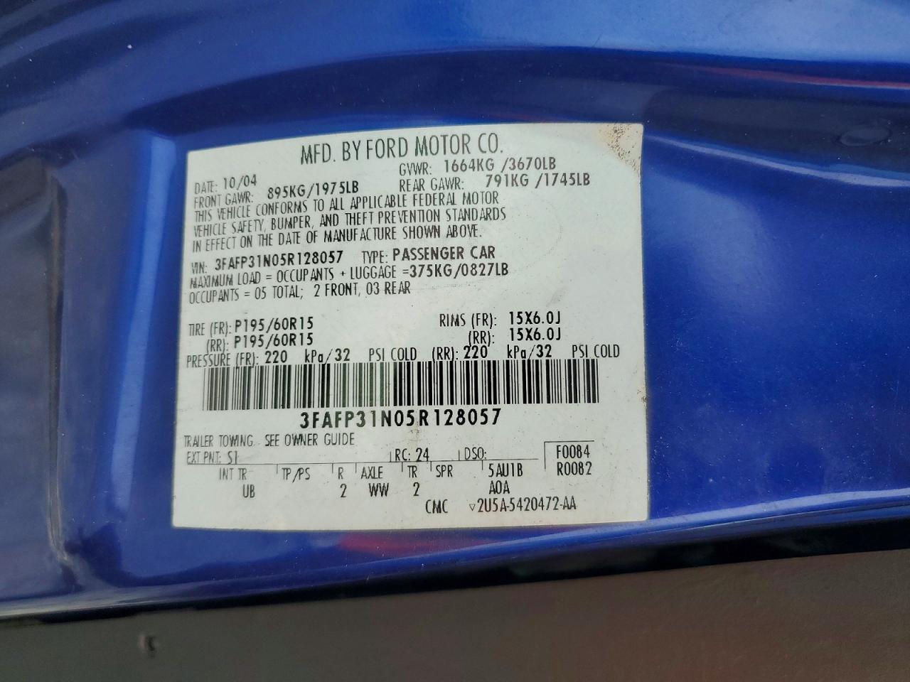 2005 Ford Focus Blue vin: 3FAFP31N05R128057