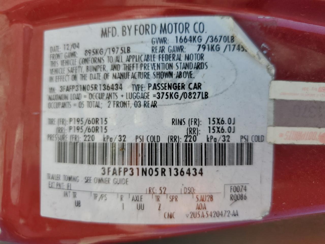 Price & History 2005 Ford Focus Zx3 2.0l 4 vin: 3FAFP31N05R136434