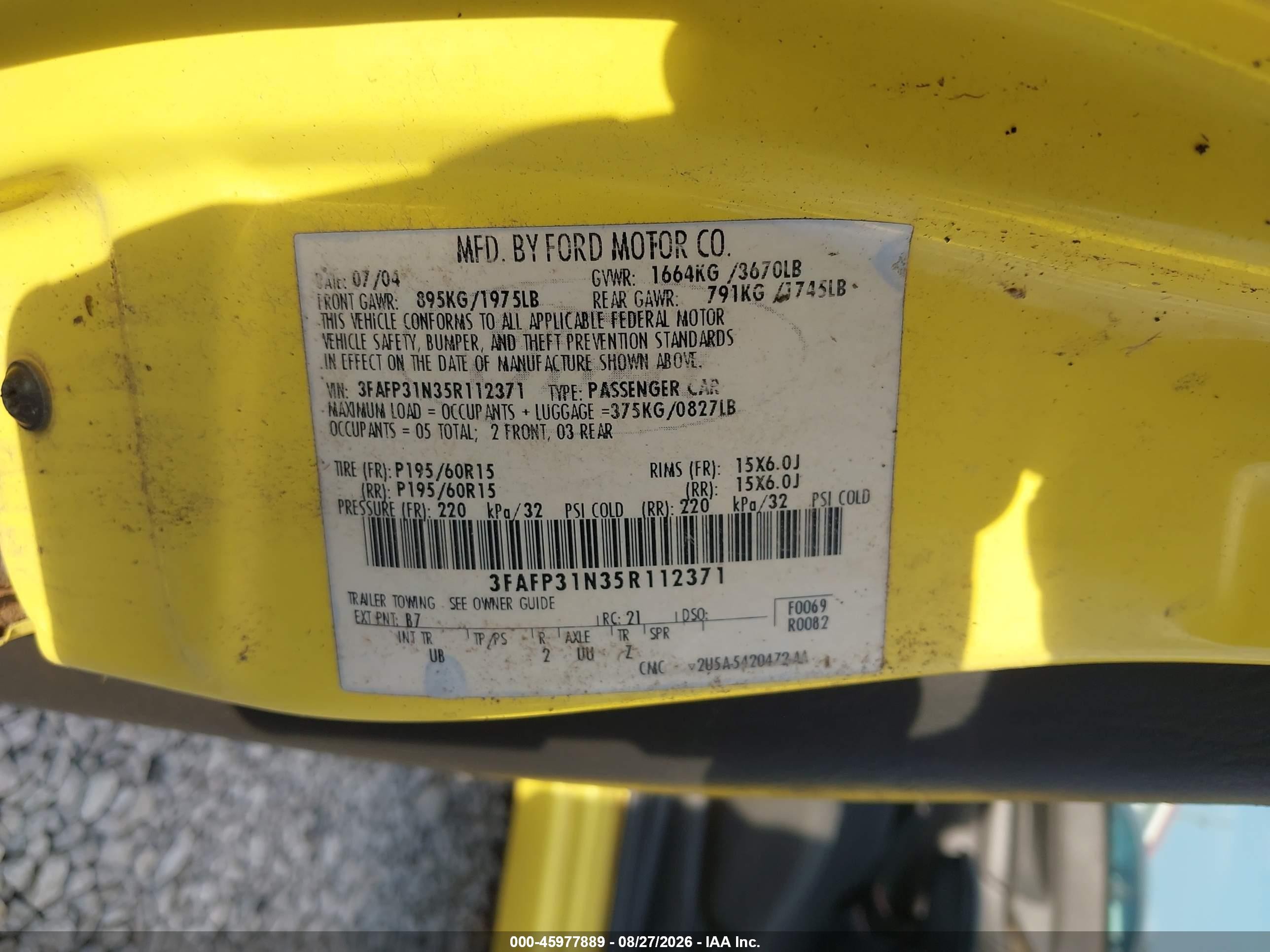 2005 Ford Focus Zx3 Yellow vin: 3FAFP31N35R112371