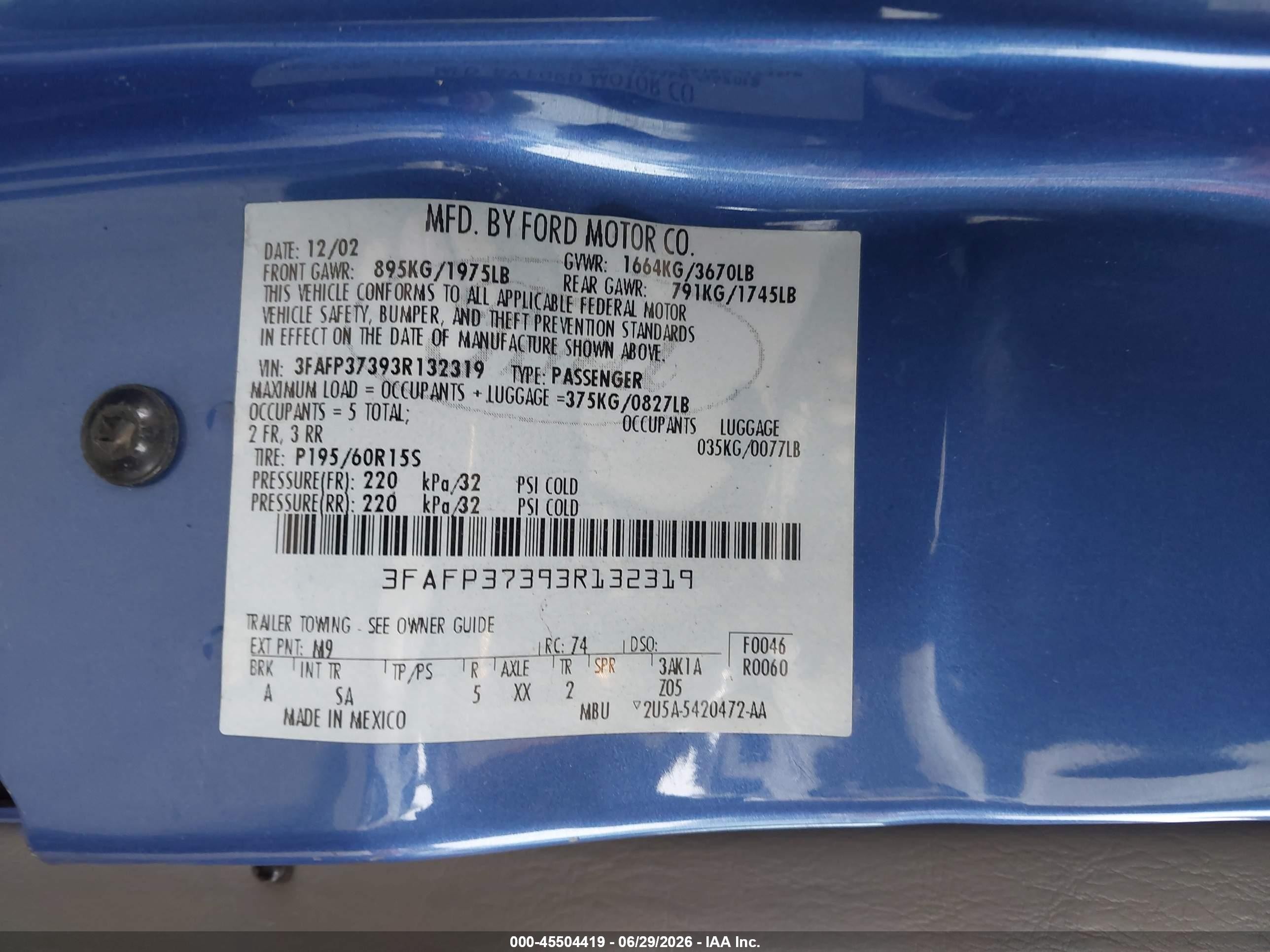 2003 Ford Focus Zx5/zx5 Comfort Blue vin: 3FAFP37393R132319