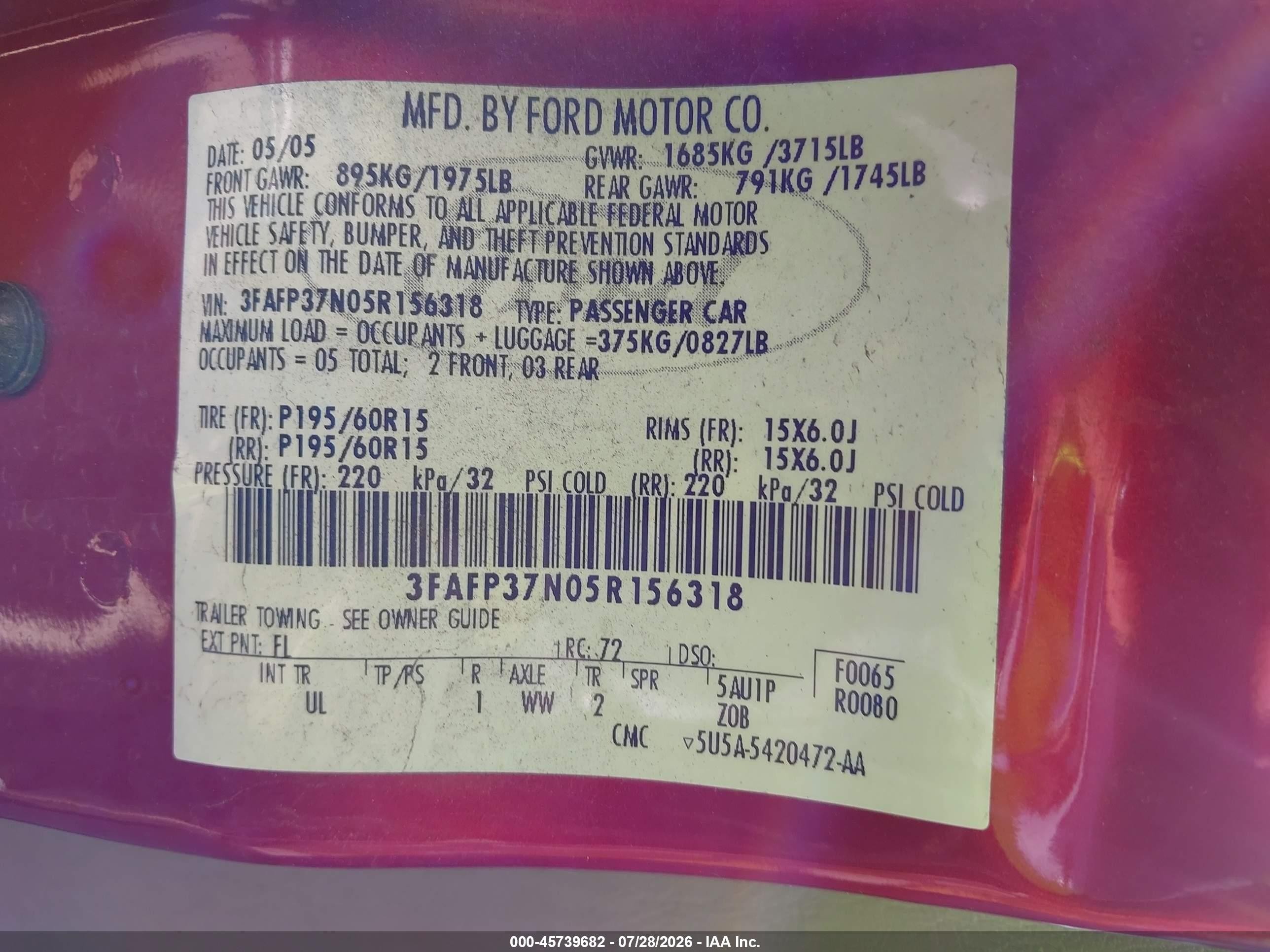 2005 Ford Focus Zx5 Red vin: 3FAFP37N05R156318