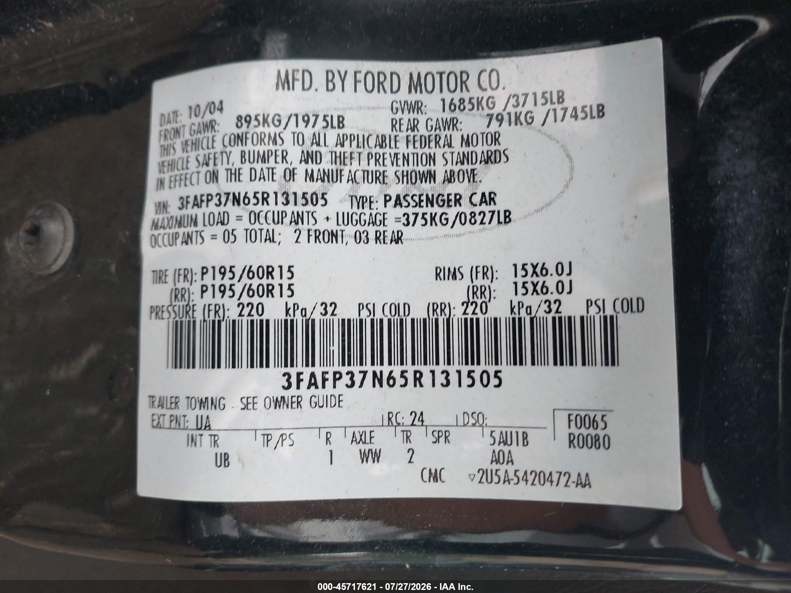2005 Ford Focus Zx5 Черный vin: 3FAFP37N65R131505