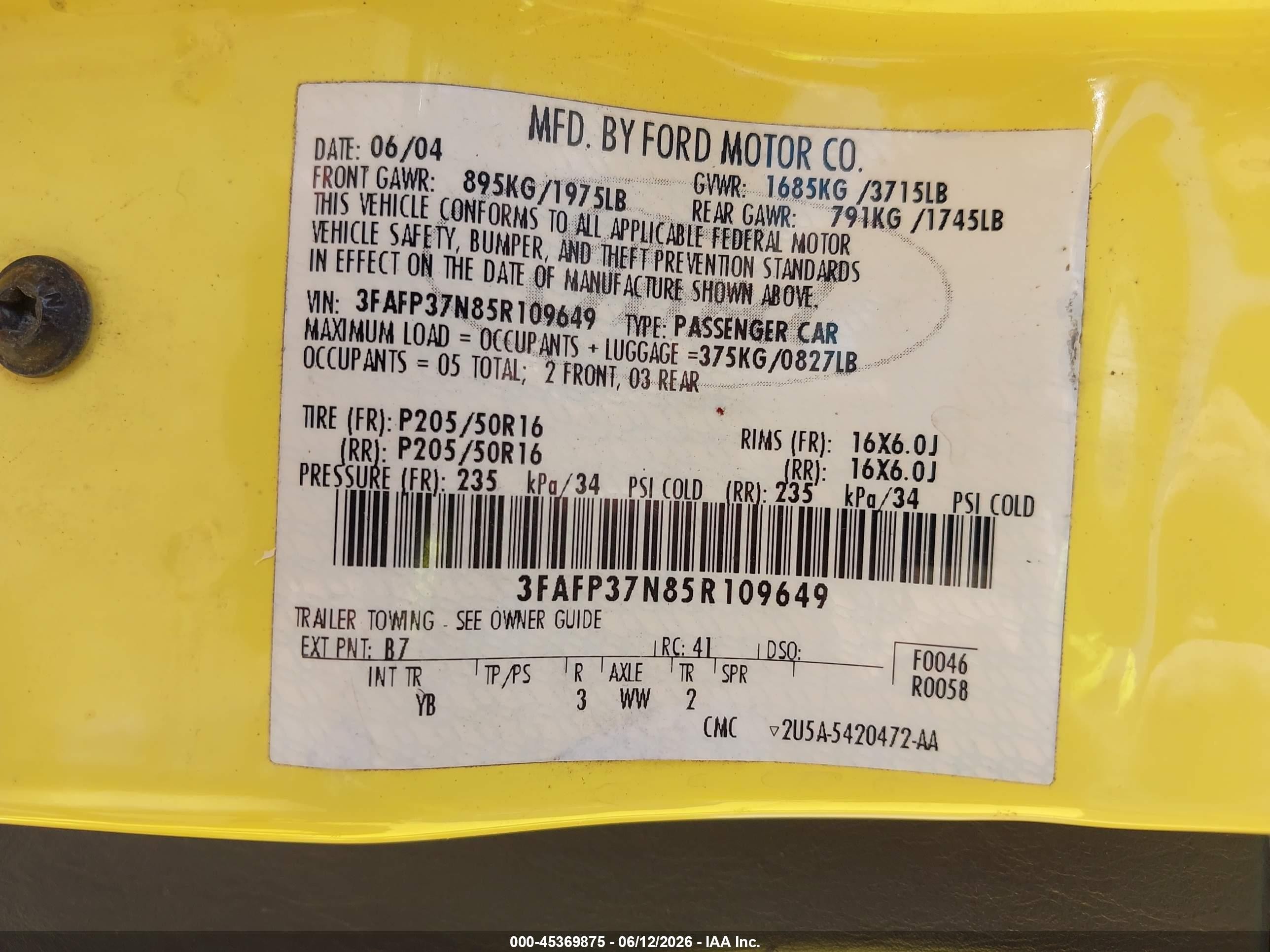 2005 Ford Focus Zx5 Yellow vin: 3FAFP37N85R109649