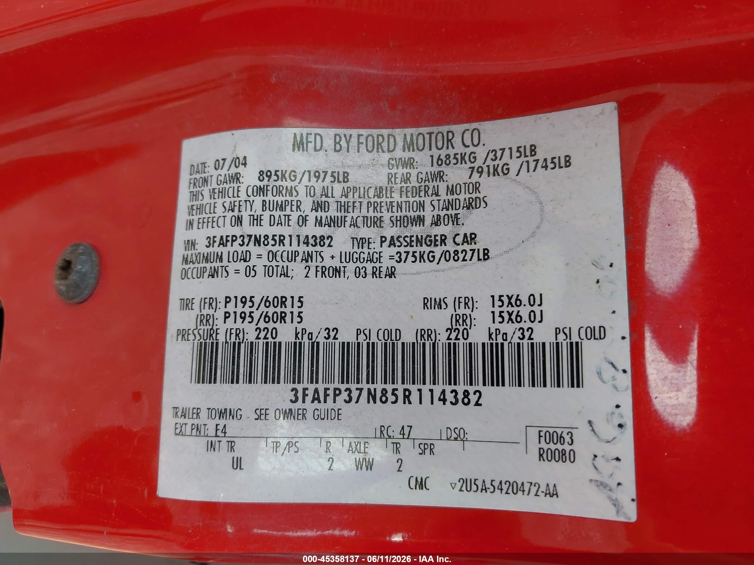 2005 Ford Focus Zx5 Red vin: 3FAFP37N85R114382