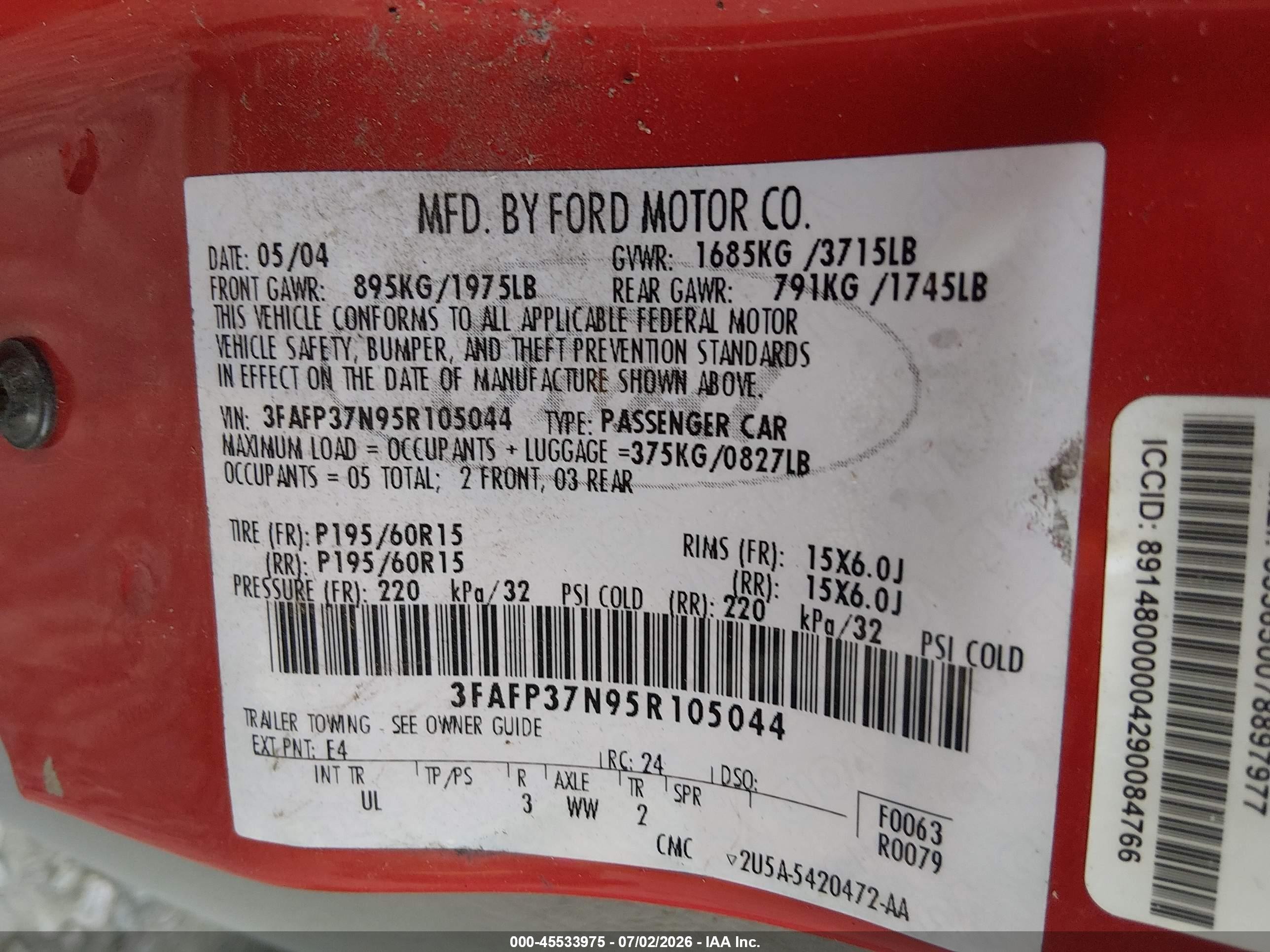 2005 Ford Focus Zx5 Red vin: 3FAFP37N95R105044