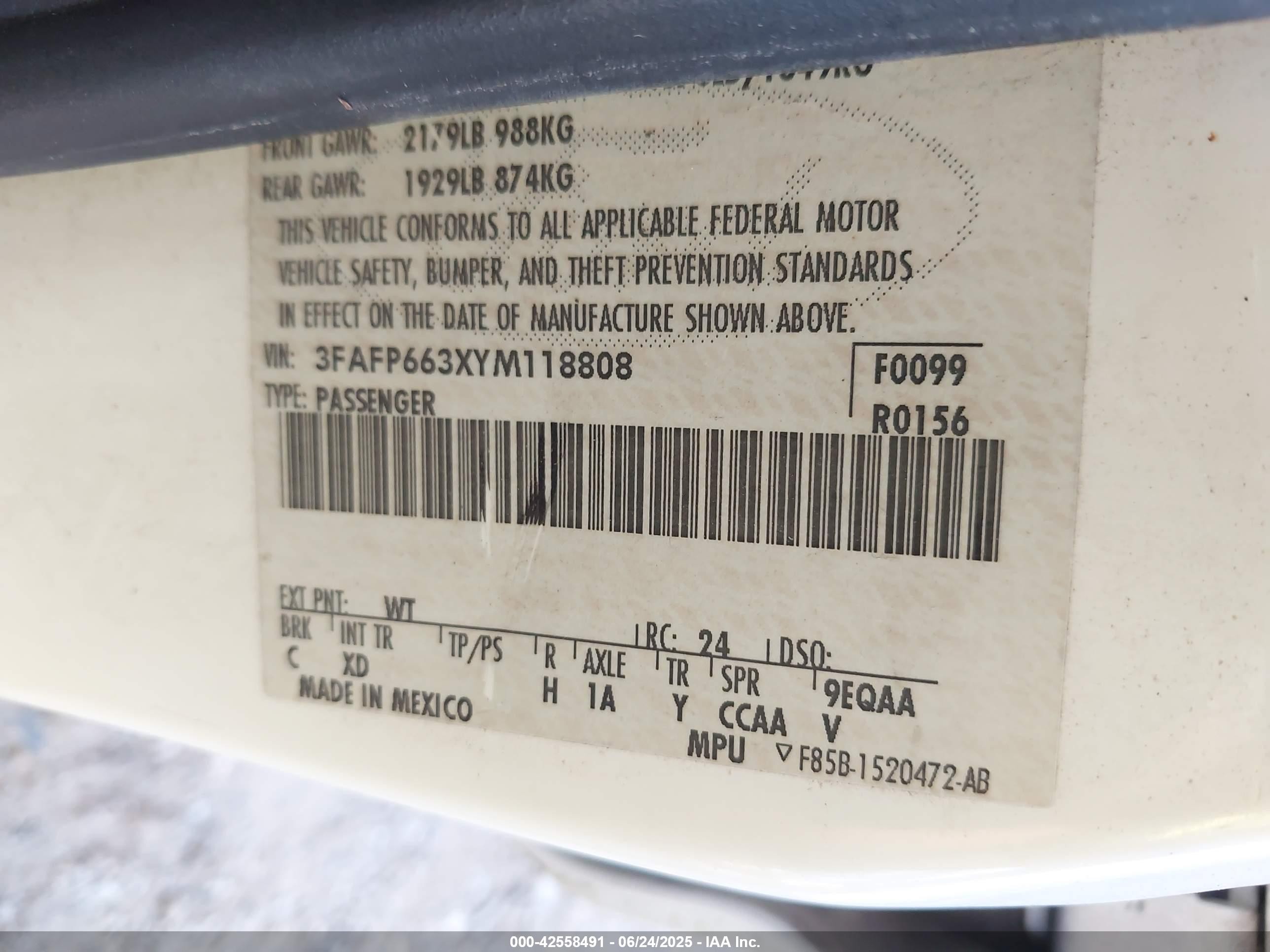 2000 Ford Contour Se Fleet White vin: 3FAFP663XYM118808