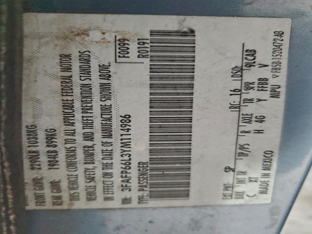 2000 Ford Contour Se Blue vin: 3FAFP66L3YM114986