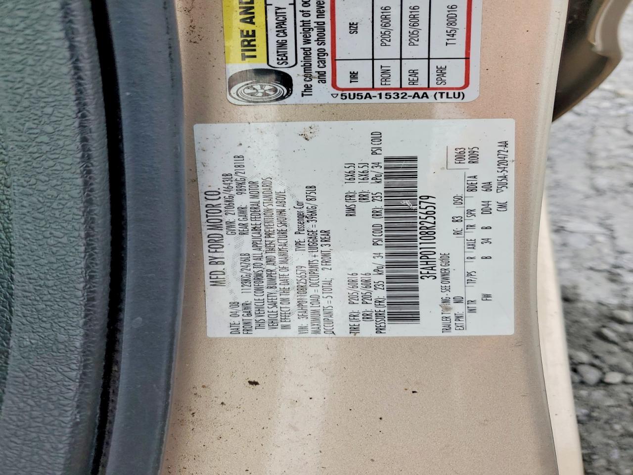 2008 Ford Fusion Se Gold vin: 3FAHP01108R256579