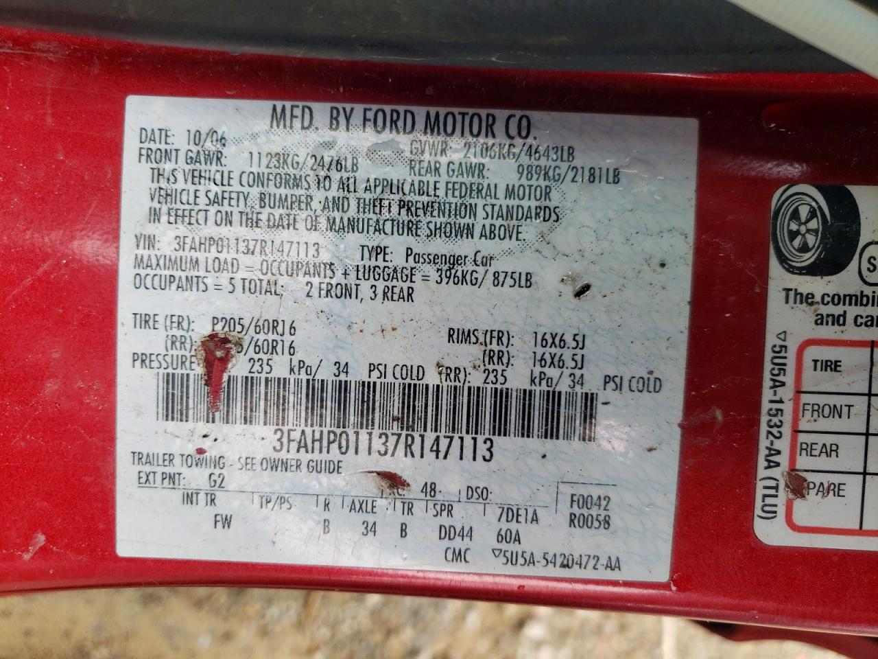 2007 Ford Fusion Se Красный vin: 3FAHP01137R147113